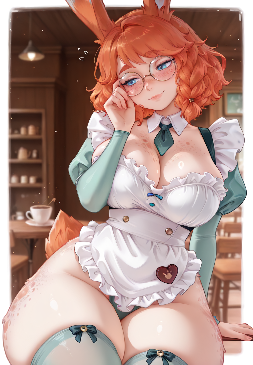 1girls, ai generated, aurora (league of legends), big breasts, blue eyes, braided pigtails, breasts, bunny ears, bunny girl, bunny tail, cafe, cafe cuties series, cleavage, dreamheat, female, freckles, freckles on breasts, freckles on face, freckles on thighs, glasses, green thighhighs, league of legends, looking away, maid, maid uniform, orange hair, red hair, riot games, shy, solo, thick thighs, thighhighs, vastaya