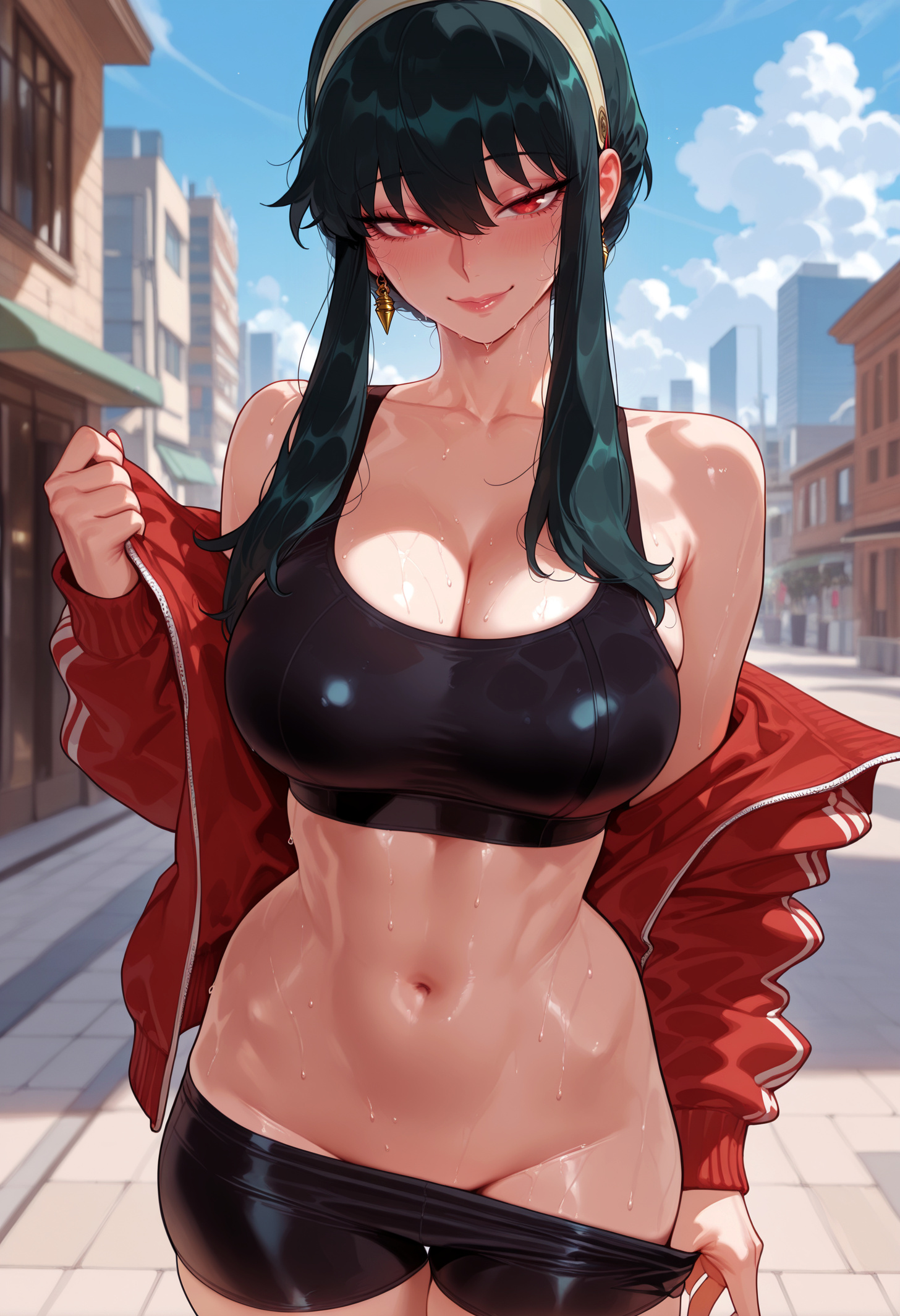 1girl, 1girls, abs, ai generated, balecxi, bangs, bare shoulders, bike shorts, black hair, black shorts, black sports bra, blue sky, blurry background, blush, breasts, building, city, clavicle, cleavage, closed mouth, clothes pull, clothing, cloud, collarbone, cowboy shot, curvaceous, curvaceous female, curvaceous figure, curvy, curvy figure, day, earrings, female, female focus, female only, gold earrings, groin, hair between eyes, hairband, headwear, inviting, inviting to sex, jacket, jewelry, large breasts, linea alba, lips, long hair, long sleeves, looking at viewer, midriff, navel, off shoulder, open clothes, open jacket, outdoors, presenting, presenting ass, presenting breasts, presenting hindquarters, presenting pussy, presenting self, pulled by self, red eyes, red jacket, seductive, seductive look, seductive smile, short shorts, shorts, shorts pull, sidelocks, skindentation, sky, smile, solo, sports bra, sportswear, spy x family, stable diffusion, standing, stomach, sweat, sweaty clothes, thighs, toned, track jacket, uncensored, undressing, voluptuous, voluptuous female, web address, wet, white hairband, yor briar
