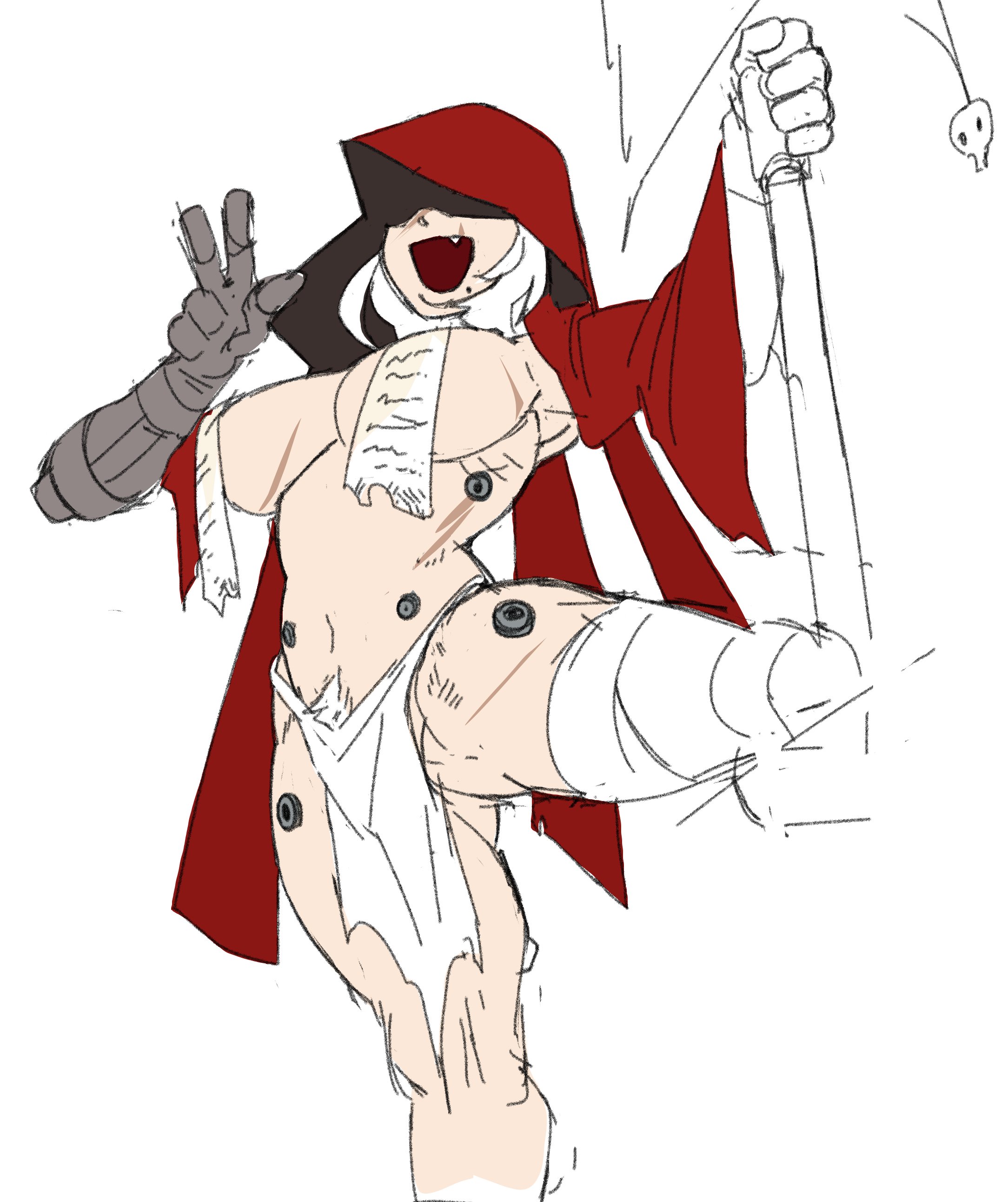 1girls, 2d, 2d (artwork), adepta sororitas, bandage, big breasts, cape, convenient censoring, dorotero, eyes not visible, female only, highres, imperium of man, muscular, nipples covered, prosthetic, scar, scars, sister of battle, sister repentia, warhammer (franchise), warhammer 40k, white background, white hair