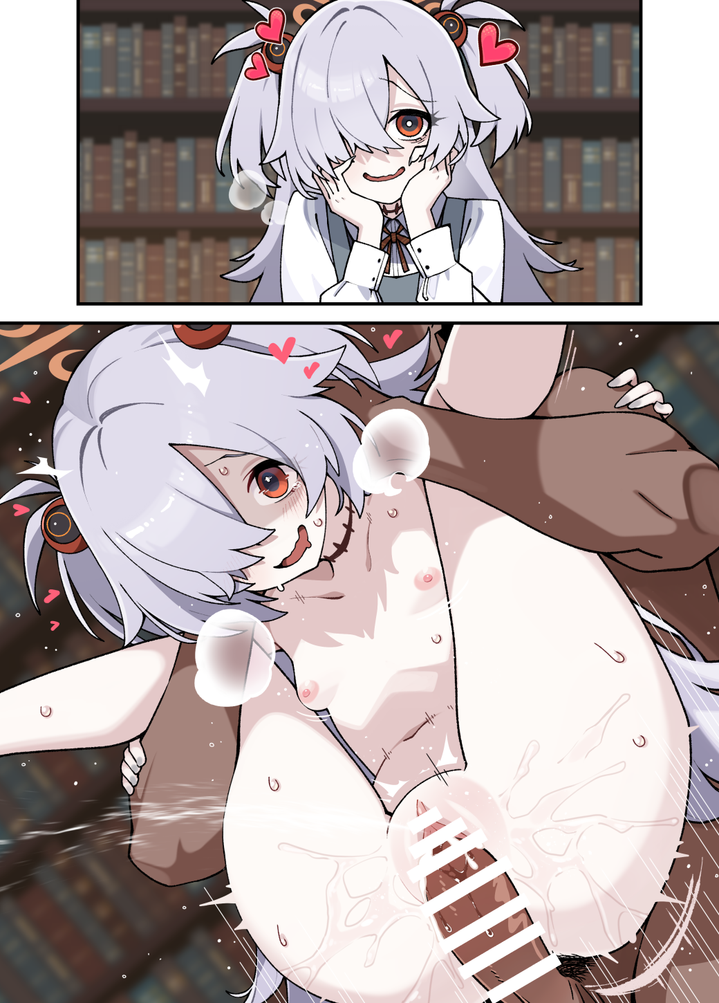 1boy, 1girl, bar censor, blue archive, bookshelf, breasts, brown eyes, brown halo, censored, clothes on and off, commentary request, completely nude, dark skin, dark-skinned male, dashed eyes, dress, drooling, folded, full nelson, grey hair, hair ornament, hair over one eye, halo, hands on own cheeks, hands on own face, happy sex, head rest, heart, hetero, highres, kanoe (blue archive), kotomuke fuurin, lifting person, long hair, motion lines, mouth drool, nipples, nude, one eye covered, penis, pinafore dress, pussy, reverse suspended congress, school uniform, sex, sex from behind, shirt, sleeveless, sleeveless dress, small breasts, smile, textless version, vaginal, white shirt