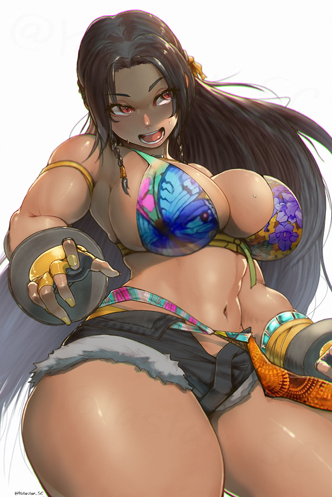 1girl, abs, bandai namco, big breasts, bikini, bikini top only, breasts, commentary request, dark skin, dark-skinned female, fighting game, fingerless gloves, floral print, floral print bikini, gloves, long hair, miary zo, micro shorts, muscular, muscular female, namco, namco bandai, open fly, open mouth, padded gloves, print bikini, shorts, swimsuit, tekken, tekken 8, thick thighs, thighs, twitter, very long hair, video game character, video game franchise, video games, yotastar