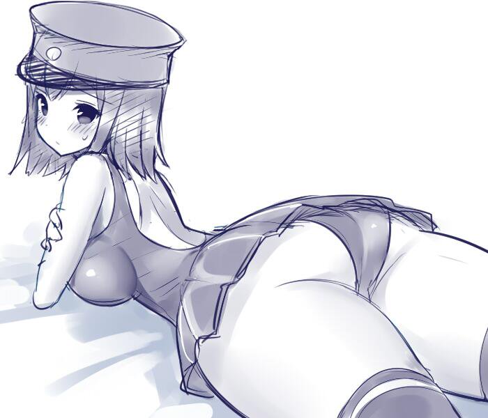 akitsu_maru_(kantai_collection) ass bare_shoulders black_hair blush breasts female female hat huge_ass kantai_collection looking_back lying medium_breasts monochrome on_stomach one-piece_swimsuit short_hair simple_background skirt solo sweat swimsuit thick_thighs tsukumiya_amane white_background wide_hips