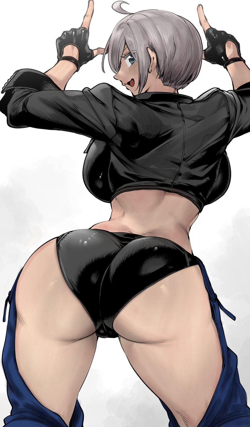 , 1girls, ahoge, angel (kof), ass, backboob, big ass, big breasts, blue eyes, breasts, chaps, clothed, clothed female, cropped jacket, fat ass, female, female only, fingerless gloves, from behind, gloves, hands up, huge breasts, index fingers raised, king of fighters, kintonsk, large breasts, looking at viewer, looking back, niwarhythm, open mouth, panties, pussy, short hair, sideways mouth, simple background, smile, smiley face, smiling at viewer, standing, thick, thick ass, tight pussy, underwear, voluptuous, voluptuous female, white hair