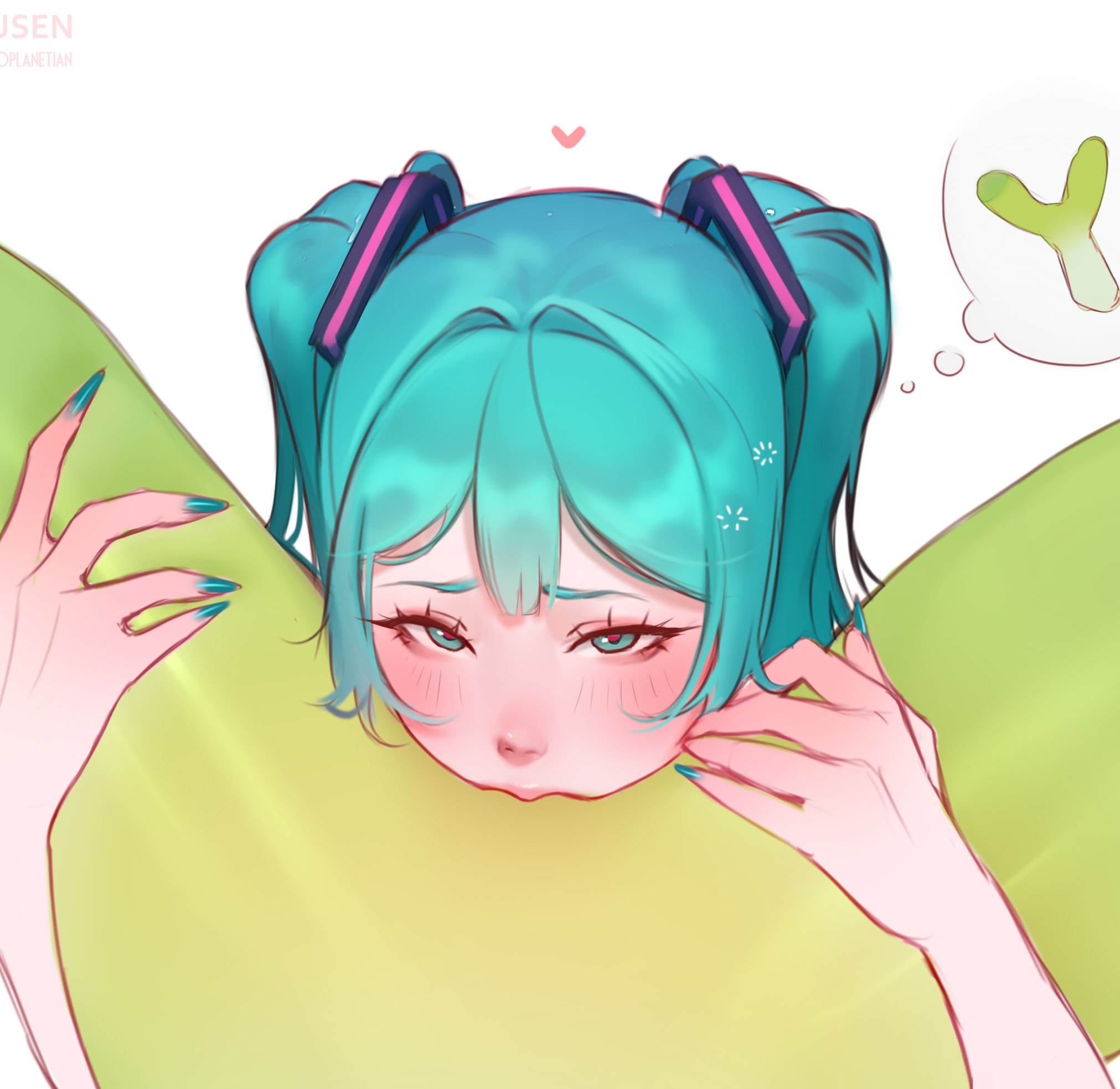 1girl, 2girls, aqua eyes, aqua hair, aqua nails, bangs, biting, blending, blue eyes, blue hair, blue nails, blush, commentary, cunnilingus, eating, eating pussy, female pov, fingernails, food, hatsune miku, heart, heart-shaped pupils, highres, holding vegetable, hotaru sen, huge thighs, lesbian, lesbian sex, lesbians, long hair, looking at viewer, massive thighs, multiple girls, nail polish, negative space, oral, oral sex, phallic symbol, pov, pussy, pussy lips, red pupils, sexually suggestive, simple background, solo, speech bubble, spring onion, symbol-shaped pupils, thick legs, thick thighs, thought bubble, thunder thighs, thunderthighs, twintails, vagina, vegetable, vocaloid, white background, wide hips, wide thighs, yuri