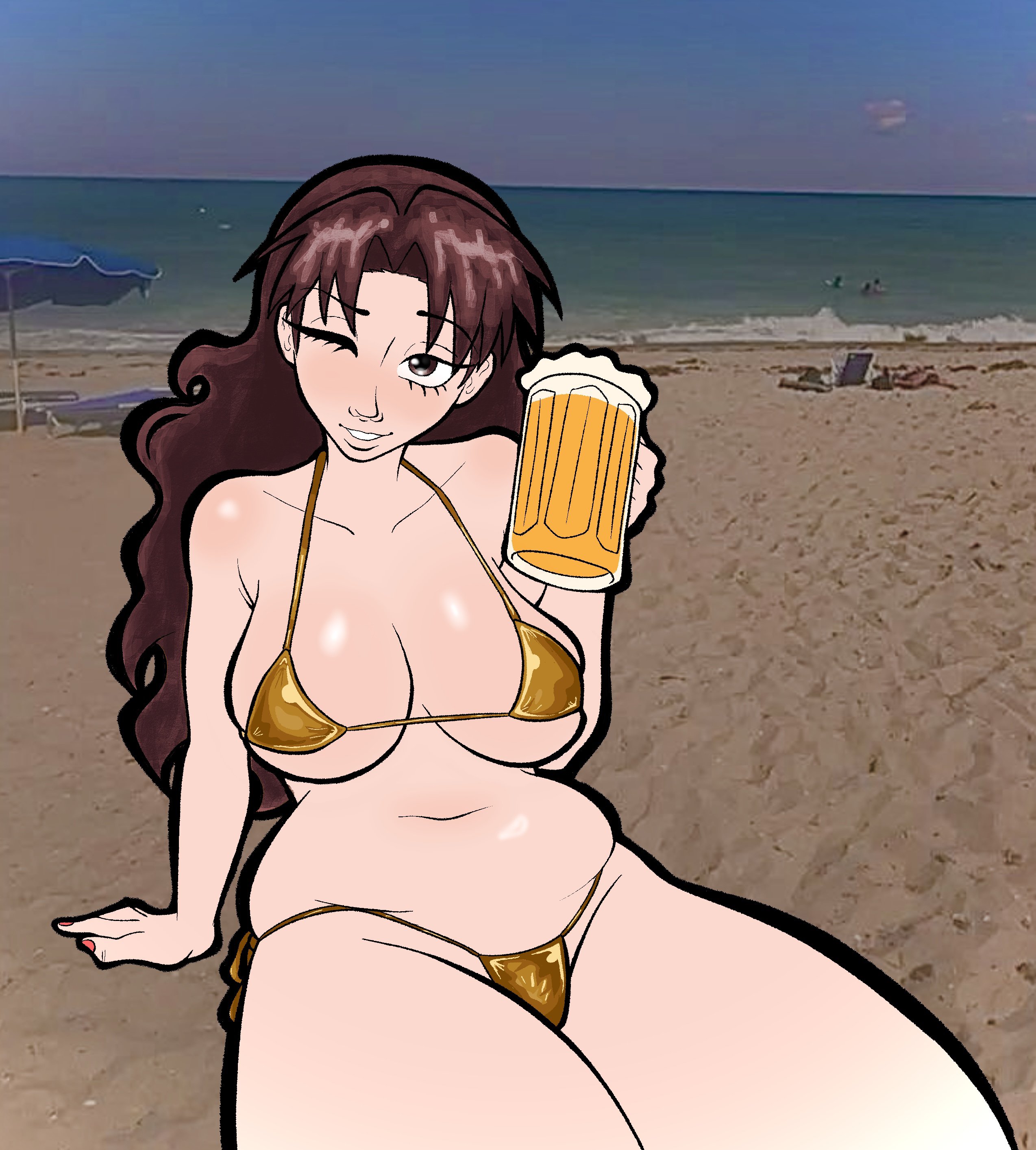 1girl, 1girls, absurd res, absurd resolution, absurdres, alcohol, azumanga daiou, bare shoulders, beach, beer, beer mug, belly overhang, big breasts, bikini, breasts, brown eyes, brown hair, busty, chubby, chubby belly, chubby female, cleavage, collarbone, curvaceous, curvy, curvy female, curvy figure, eyelashes, female, female focus, female only, glistening, glistening body, glistening breasts, glistening skin, gold bikini, golden bikini, hair behind ear, hi res, high resolution, highres, holding, huge breasts, large breasts, light skin, light-skinned female, long eyelashes, long hair, midriff, mrpumpernickel, navel, one eye closed, outdoors, outside, pants, plump, shiny, shiny breasts, shiny skin, shopping bag, sitting, slightly chubby, slightly chubby female, solo, solo female, solo focus, stomach, tagme, tanizaki yukari, thick thighs, thighs, thong, thong bikini, very long hair, voluptuous, voluptuous female, wink, winking at viewer, yukari tanizaki