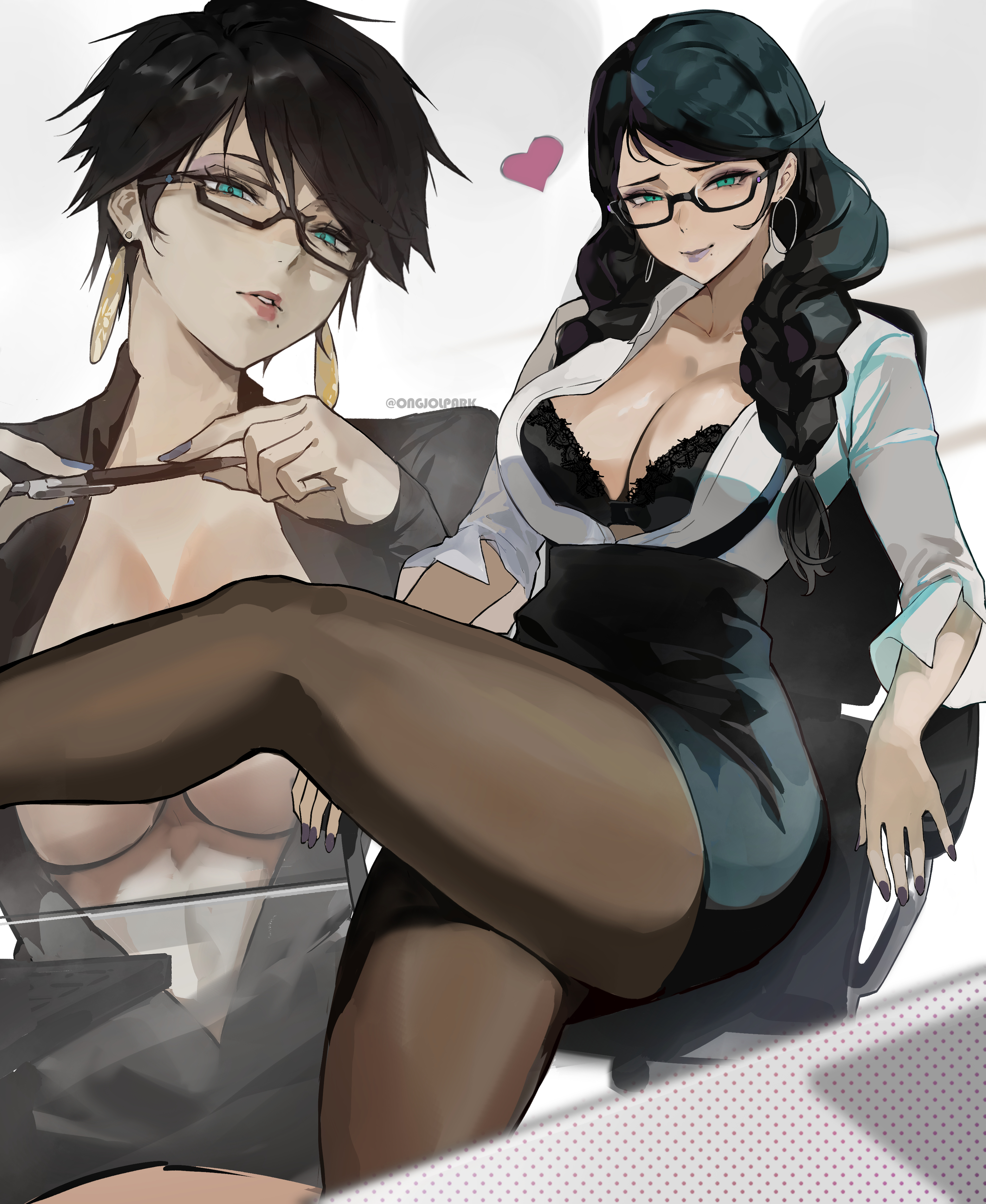 1girls, bayonetta, bayonetta (character), bayonetta (series), bayonetta 2, bayonetta 3, big breasts, big thighs, black hair, black hair female, blue, blue eyes, bra, braid, child bearing hips, cleavage, clothed, crossed legs, curvy figure, earrings, eyes, heart, hoop earrings, huge breasts, huge thighs, large breasts, large thighs, long hair, mature female, milf, miniskirt, nintendo, no bra, office clothing, office lady, older female, ongjolpark, painted nails, pantyhose, sega, short hair, short skirt, sitting, skirt, thick, thick thighs, thighs, thighs bigger than head, twin braids, twintails, unicorn, voluptuous, voluptuous female, white hair, wide hips