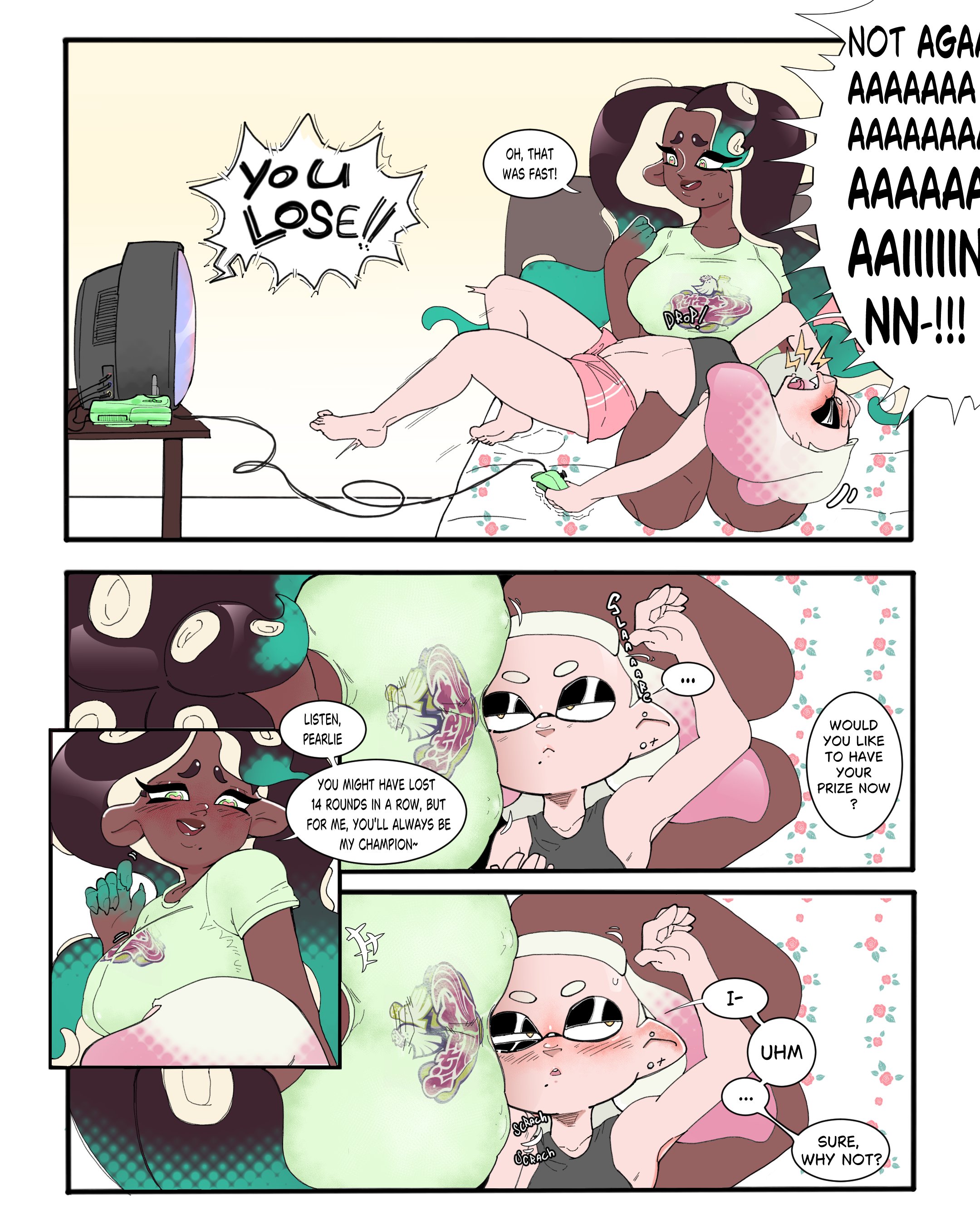 2d, 2girls, big breasts, dark skin, dark-skinned female, female, female only, huge breasts, light skin, light-skinned female, marina (splatoon), marina ida, nintendo, off the hook (splatoon), pearl (splatoon), pearl houzuki, spicy ssaur (artist), splatoon, splatoon (series), splatoon 2, tagme