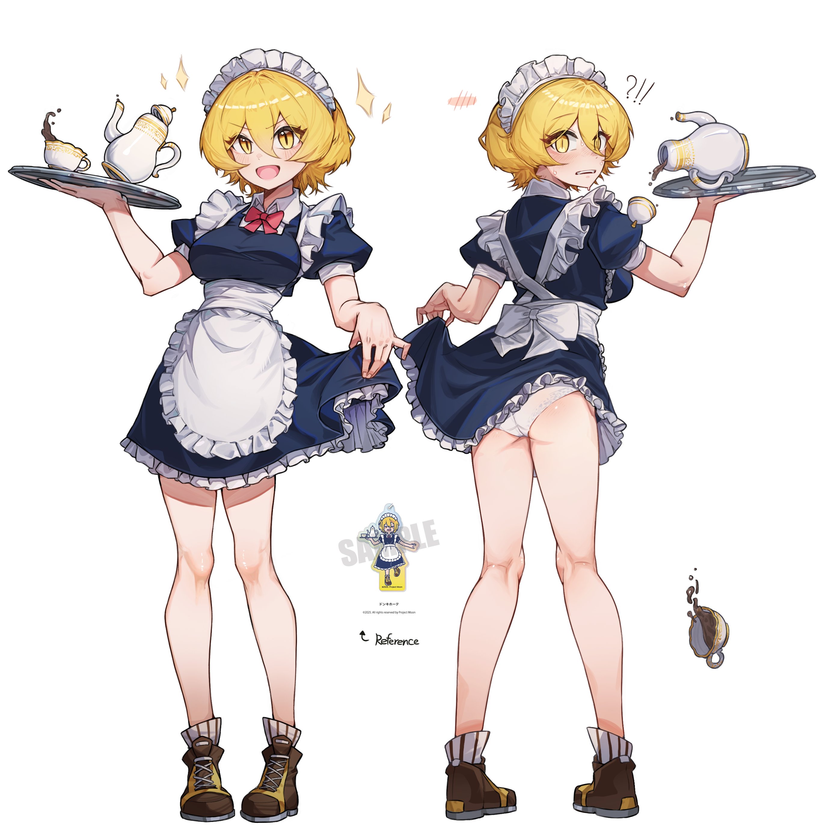 1girl, apron, ass, blonde hair, breasts, brown shoes, crotch seam, don quixote (limbus company), dress, frilled apron, frills, jeehyung seo, limbus company, looking at viewer, maid, maid apron, maid headdress, open mouth, panties, pantyshot, project moon, shirt, shoes, short hair, simple background, smile, underwear, white apron, white background, white panties, yellow eyes