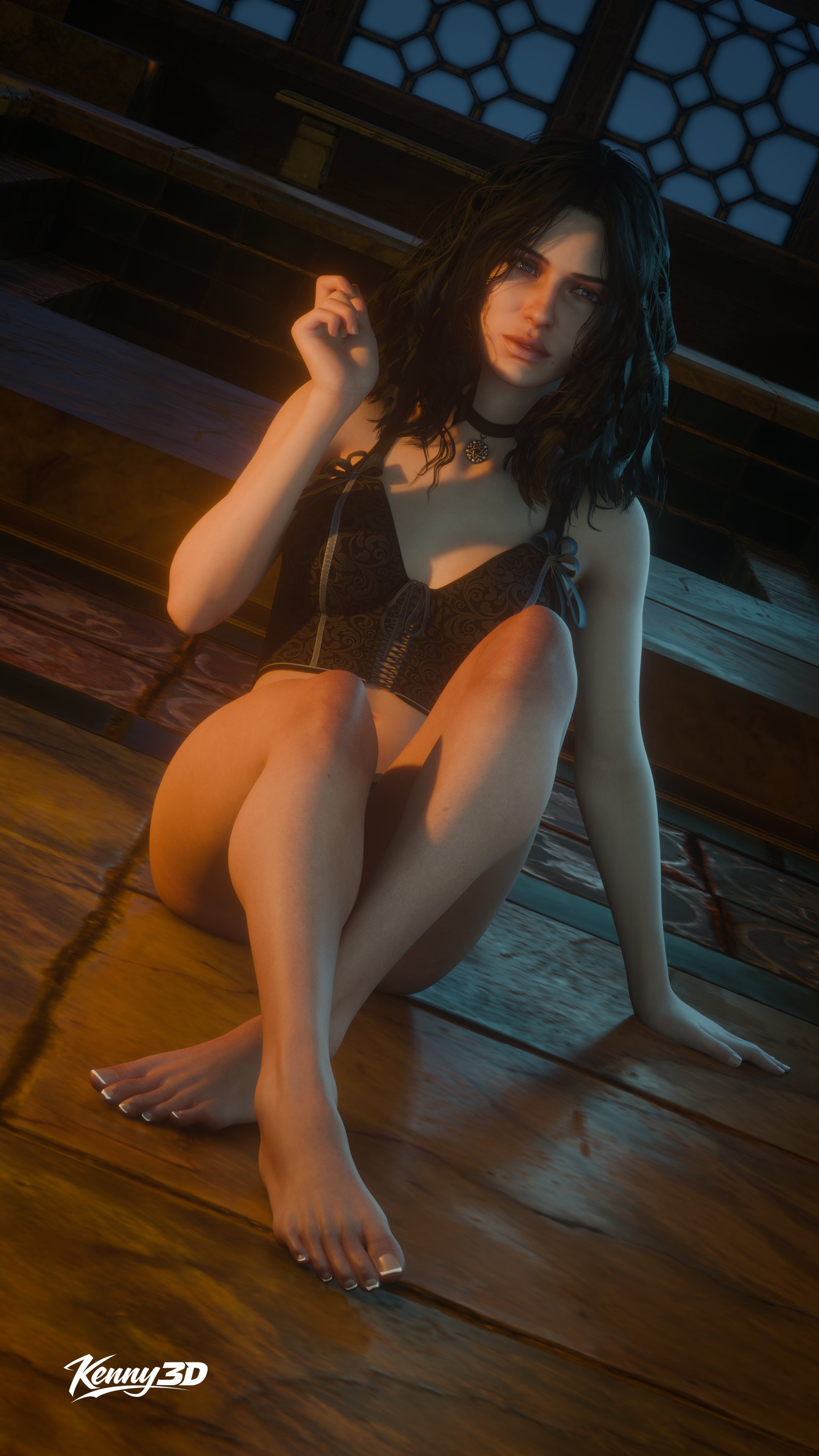 1girls, 3d, ass, barefoot, black hair, bra, breasts, cd projekt red, choker, corset, feet, female, kenny3d, light skin, light-skinned female, lingerie, looking at viewer, mascara, necktie, purple eyes, solo, solo female, the witcher (series), the witcher 3: wild hunt, underwear, white nails, yennefer