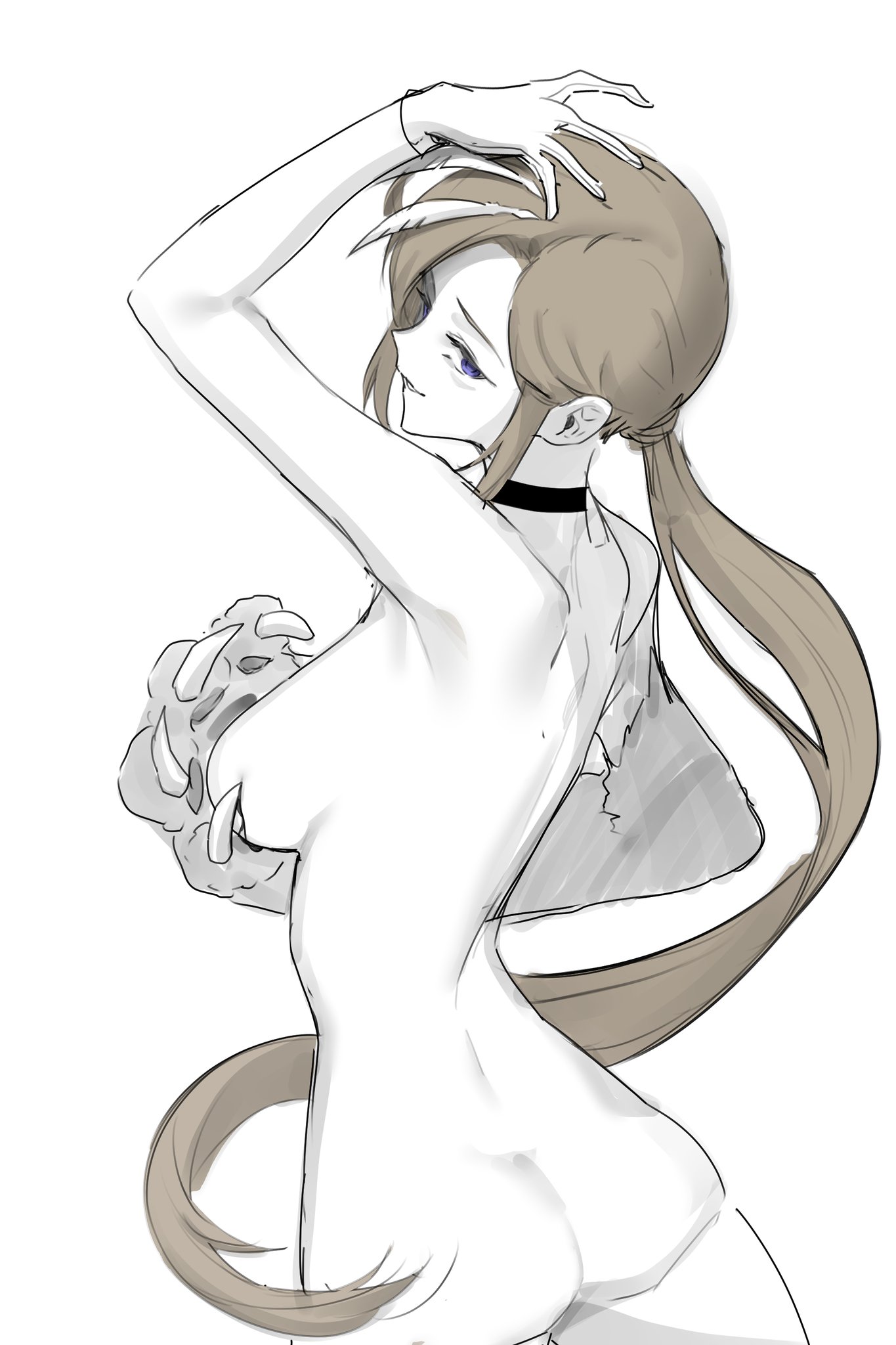 1girls, animal arms, armpits, arms up, ass, ass focus, back, back view, blue eyes, brown hair, choker, completely naked, completely naked female, completely nude, completely nude female, ears, fauvism, female, female focus, female only, grabbing own breast, helseujang (artist), limbus company, looking at viewer, looking back at viewer, naked, naked female, nude, nude female, project moon, rodion (limbus company), sideboob, solo, solo female, solo focus, tagme