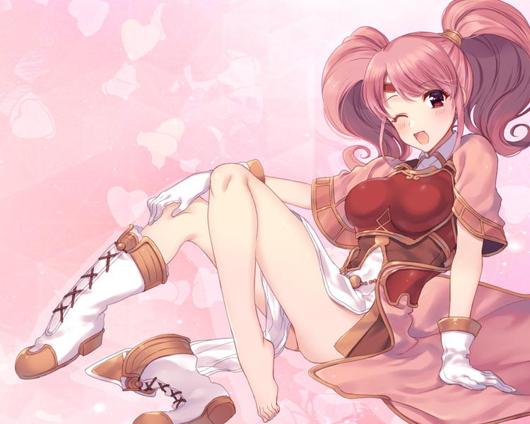 1girls awayuki_ramika bare_legs bare_thighs blush blushing boots boots_removed cucumber_tuna cute cute_expression cute_eyes cute_face female female_only fire_emblem fire_emblem_echoes:_shadows_of_valentia fire_emblem_gaiden gloves human human_only legs light-skinned_female light_skin mae_(fire_emblem) nintendo one_eye_closed pink_background pink_clothing pink_hair pink_outfit pose posing red_eyes sitting sitting_down smile smiling smiling_at_viewer smooth_skin solo solo_female taking_clothes_off twintails undressing white_boots white_gloves wholesome wink winking winking_at_viewer