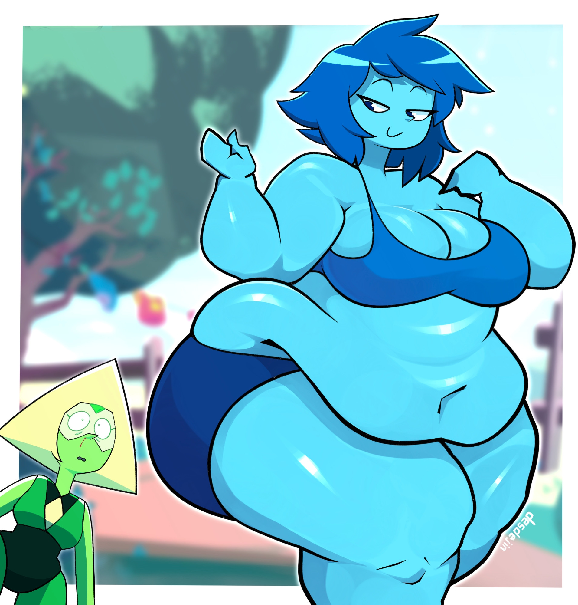 2girls, artist name, bbw, belly, belly bulge, big ass, blonde hair, blue hair, blue skin, border, breasts, cartoon network, chubby, chubby female, cleavage, clothed, clothed female, desdejin, fat, fat ass, female, female only, gem (species), green skin, lapis lazuli (steven universe), multiple girls, navel, nosebleed, obese, obese female, outside border, overweight, overweight female, peridot (steven universe), reaction, short hair, steven universe, tagme, thick thighs, white border