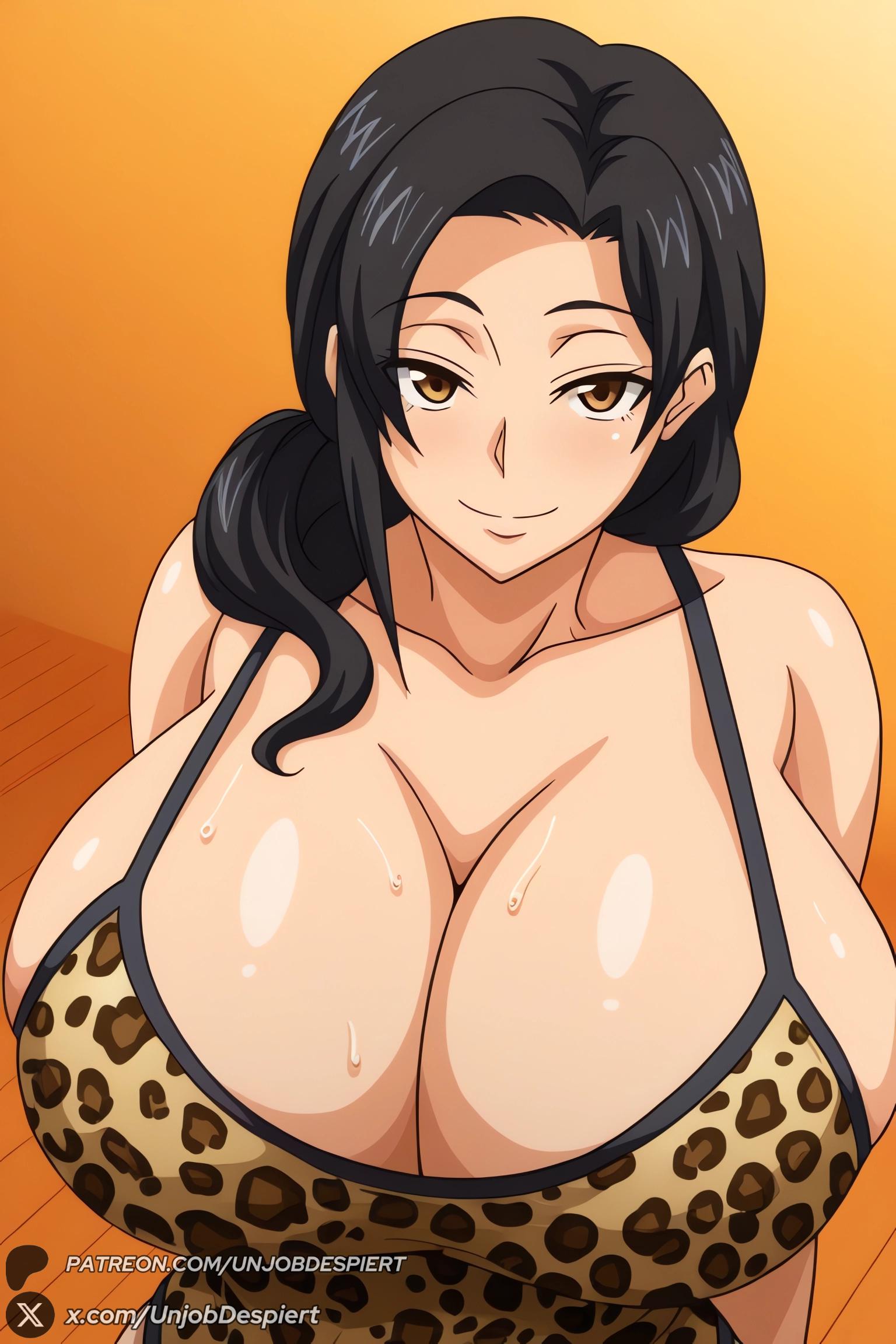 1female, 1girl, 1girls, 2026, ai generated, animal print, apron, artist name, bare shoulders, big ass, big breasts, black hair, breasts, brown eyes, cleavage, collarbone, curvy, female, female only, hajimete no hitozuma, hi res, high quality, high resolution, highres, huge ass, huge breasts, leopard print, long hair, looking at viewer, mature female, naked apron, patreon, patreon username, smile, solo, sweat, tomoko (hajimete no hitozuma), unjobdespiert, upper body, watermark