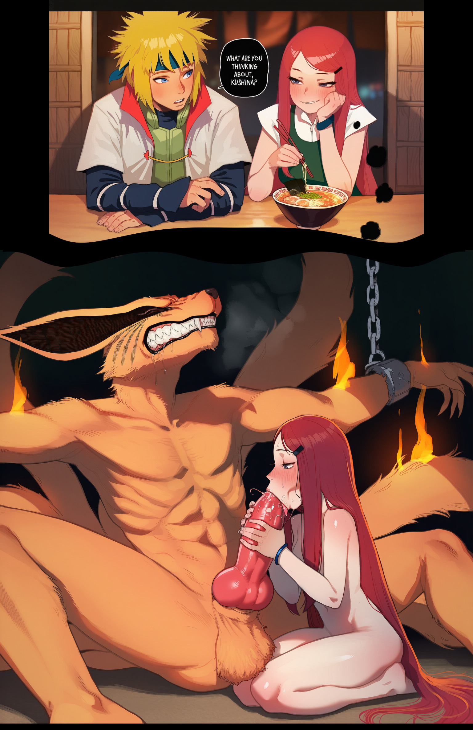 1boy, 1girl, 1girls, ai generated, animal genitalia, animal penis, anthro, assertive female, barefoot, blonde hair, blowjob, blowjob face, blue eyes, blue headband, blush, bound, breasts, chain, chained, cheating, chopsticks, clenched teeth, completely nude, cuckold, eating, english text, erection, fellatio, female, female on anthro, femdom, fire, food, furry, furry male, furry with non-furry, hair ornament, hairclip, headband, hetero, hi res, high resolution, highres, huge penis, husband and wife, interspecies, kitsune, knotted penis, kurama, kurama (naruto), large penis, light-skinned female, long hair, male, medium breasts, multiple tails, namikaze minato, naruto, naruto (series), naruto shippuden, noodles, nude, nude female, oral, penis, ramen, red hair, restrained, sack, saliva, seiza, sharp teeth, short hair, sitting, smile, speech bubble, table, teeth, testicles, uzumaki kushina, very long hair, whisker markings, whiskers