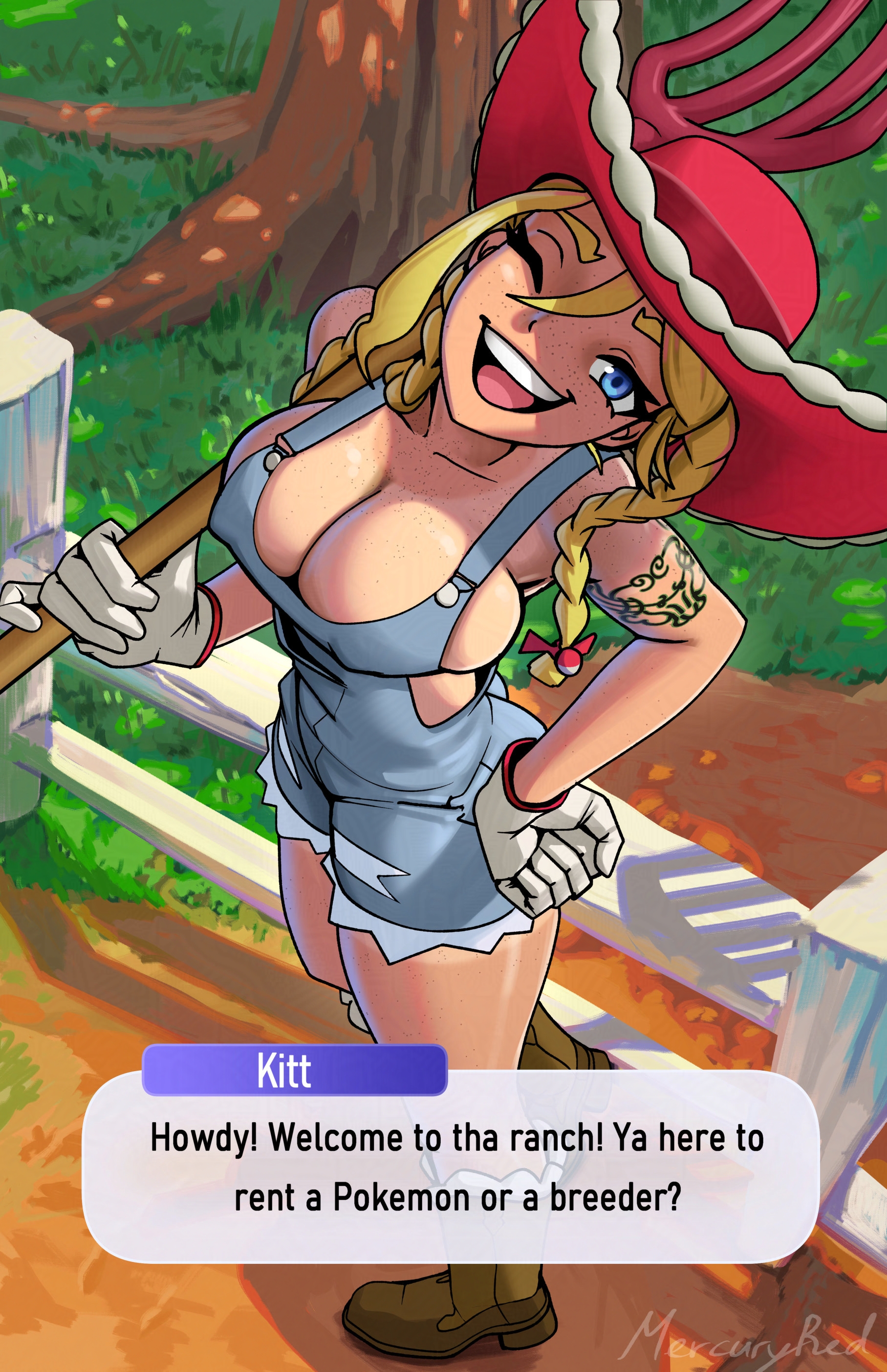 blonde hair, blue eyes, braid, braided twintails, breasts, cleavage, clothed, cowboy boots, cowboy hat, cowgirl, dialogue, dialogue box, female, freckles, from above, game ui, gloves, hand on hip, kitt (pokemon), large breasts, looking at viewer, mercuryred, nipple bulge, no bra, outdoors, overalls, pokemon, pokemon champions, rucola (pokemon), smile, suggestive, talking to viewer, tan skin, tanline, tattoo, wink, winking at viewer