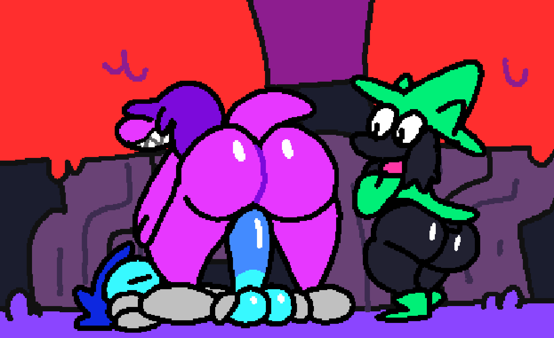 1girls, 2021, 2boys, animated, anthro, ass, balls, big ass, big balls, big butt, blue skin, bodily fluids, bouncing ass, cowgirl position, deltarune, female, from front position, genital fluids, genitals, group, human, kris (deltarune), male, male/female, mammal, on bottom, on top, pussy, pussy juice, ralsei, remake, sex, superiorfox, susie (deltarune), tagme, vaginal, vaginal penetration, video games