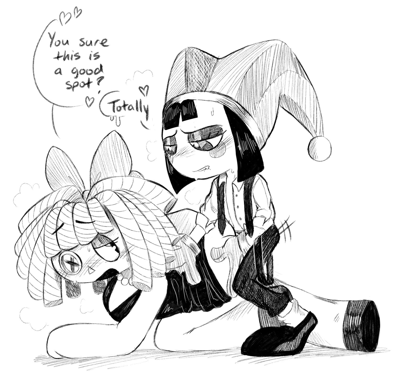 2026, 2girls, black and white, black dress, bow, button eye, dialogue, doll girl, female/female, glitch productions, gooseworx, implied penetration, jester girl, jester hat, lesbian sex, loose tie, pearl necklace, penetration from behind, pomni, pomni (tadc), pomni (the amazing digital circus), ragatha, ragatha (pub outfit), ragatha (tadc), ragatha (the amazing digital circus), ragdoll, sketch, stickyclown18, tagme, the amazing digital circus, thrusting, yuri