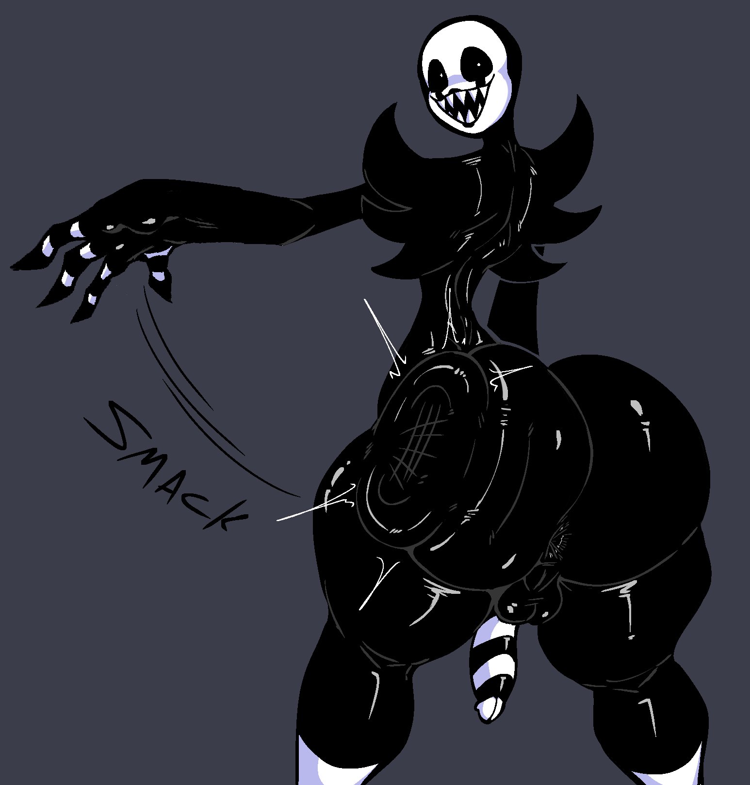 1boy, anus, ass, ass slap, balls, big ass, black body, black sclera, bottom heavy, bubble butt, fat ass, femboy, five nights at freddy's, five nights at freddy's 4, five nights at frickbears, five nights at frickbears 3, huge ass, large ass, looking at viewer, looking back, male, male only, mask, massive ass, monster, nanodude78, nightmarionne, penis, slapping ass, slapping own ass, solo, spanking, spanking ass, spanking own ass, thick ass, thick thighs, thunder thighs, wide hips