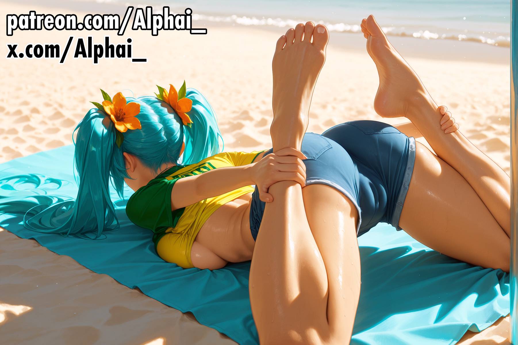 1girl, 2025, 2026, absurd res, absurdres, ai generated, alphai, aqua hair, ass, back boob, bare legs, barefoot, beach, beach towel, blue denim shorts, blue hair, blushing, bows, brazil shirt, brazilian, brazilian miku, breast press, breasts, breasts press, camel toe, cinematic lighting, clothes lift, colorful background, day, denim, denim shorts, depth of field, detailed background, detailed hair, detailed skin, dramatic shadows, face down ass up, feet, feet up, female, female only, femsub, flower, from above, grabbing ankles, green shirt, hair flower, hair ornament, hatsune miku, high quality, high resolution, highres, imminent sex, large breasts, legs, legs up, long hair, lying, medium breasts, naughty face, ocean, on ground, on stomach, orange flower hair ornament, outdoors, particles, patreon, presenting, raised eyebrows, sand, semirealistic, shirt, shirt lift, short shorts, short sleeves, shorts, skindentation, soles, solo, sport, t-shirt, tan, tan body, tan skin, tanned, thighs, toes, towel, twintails, underboob, vocaloid, volumetric lighting, water, yoga pose, yoga pose meme 2026