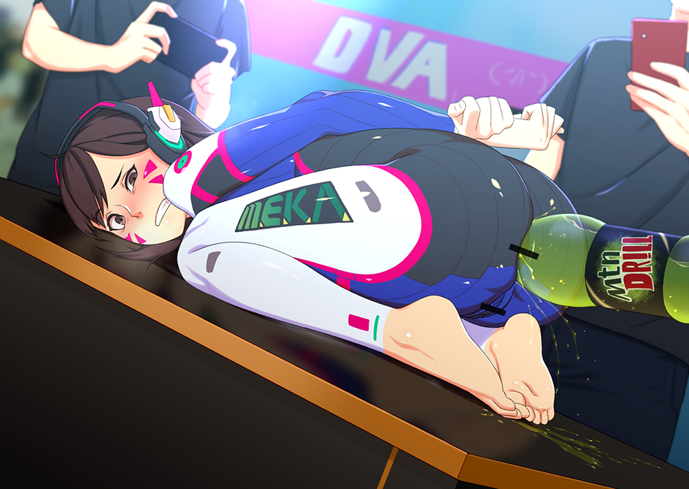 ass, bar censor, barefoot, bodysuit, bondage, censored, d.va, feet, female, insertion, looking at viewer, object insertion, overwatch, pointless censoring, restrained, shiory, solo focus, toes