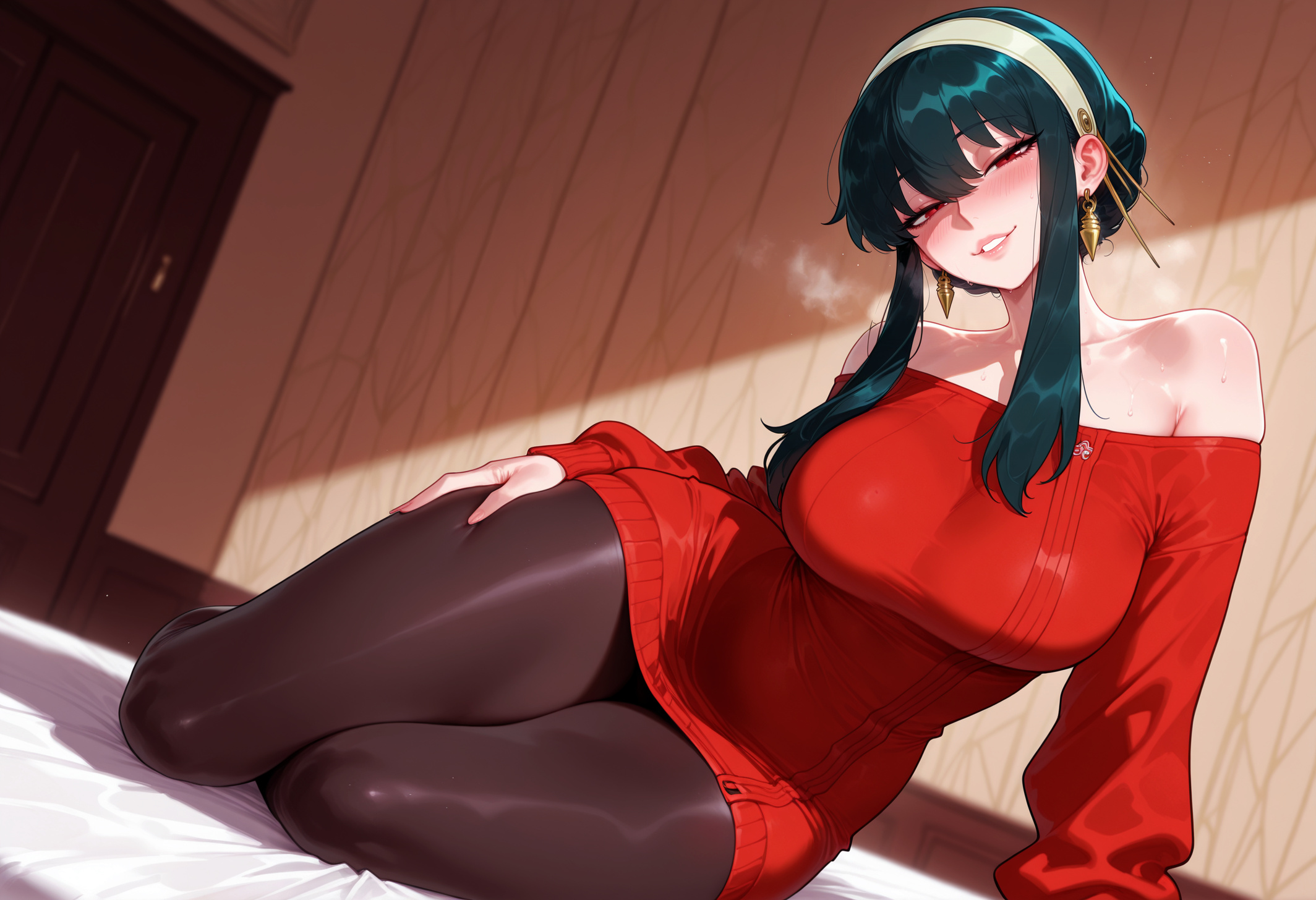 1girl, 1girls, ai generated, arm support, balecxi, bangs, bare shoulders, bed, bed sheet, black hair, black legwear, black pantyhose, blush, breasts, breath, brown pantyhose, clothing, collarbone, curvaceous, curvaceous female, curvaceous figure, curvy, curvy figure, dress, earrings, female, female focus, female only, gold earrings, gold hairband, grin, hairband, half-closed eyes, hand on own thigh, headwear, indoors, inviting, inviting to sex, jewelry, large breasts, leaning to the side, legwear, long hair, long sleeves, looking at viewer, off shoulder, off-shoulder sweater, on bed, on side, pantyhose, parted lips, presenting, presenting ass, presenting breasts, presenting hindquarters, presenting self, red eyes, red sweater, seductive, seductive look, seductive smile, sidelocks, sitting, smile, solo, spy x family, stable diffusion, sweat, sweater, sweater dress, thick thighs, thighs, voluptuous, voluptuous female, white hairband, yor briar