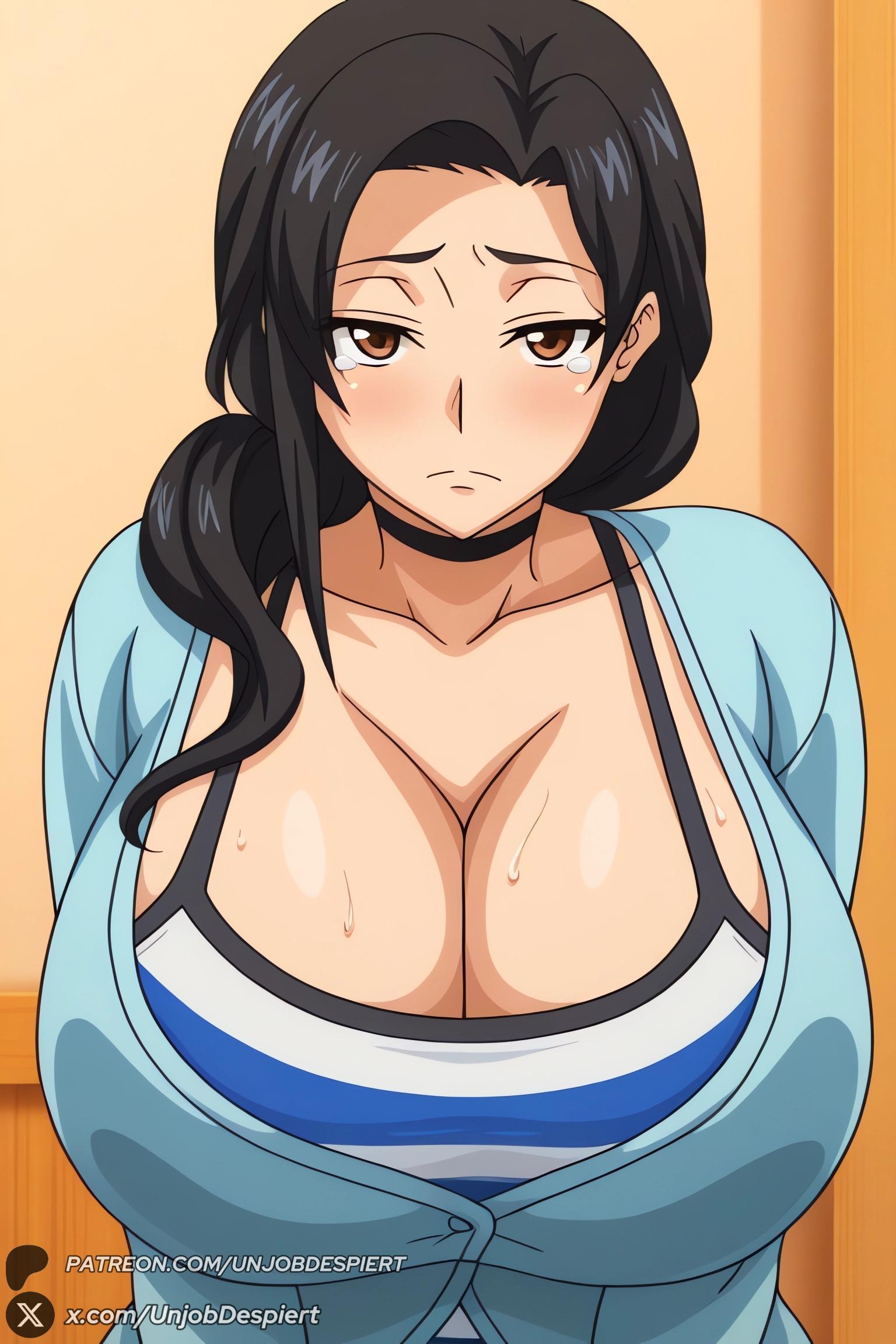 1female, 1girl, 1girls, 2026, ai generated, artist name, big ass, big breasts, black hair, blush, breasts, brown eyes, cardigan, choker, cleavage, collarbone, curvy, female, female only, hajimete no hitozuma, hi res, high quality, high resolution, highres, huge ass, huge breasts, long hair, looking at viewer, mature female, patreon, patreon username, shirt, solo, striped, sweat, tears, tomoko (hajimete no hitozuma), unjobdespiert, upper body, watermark, web address