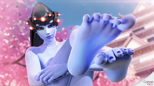 3d, animated, blizzard entertainment, blue skin, feet, female, gif, looking at viewer, nude, overwatch, purple toenails, toes, widowmaker