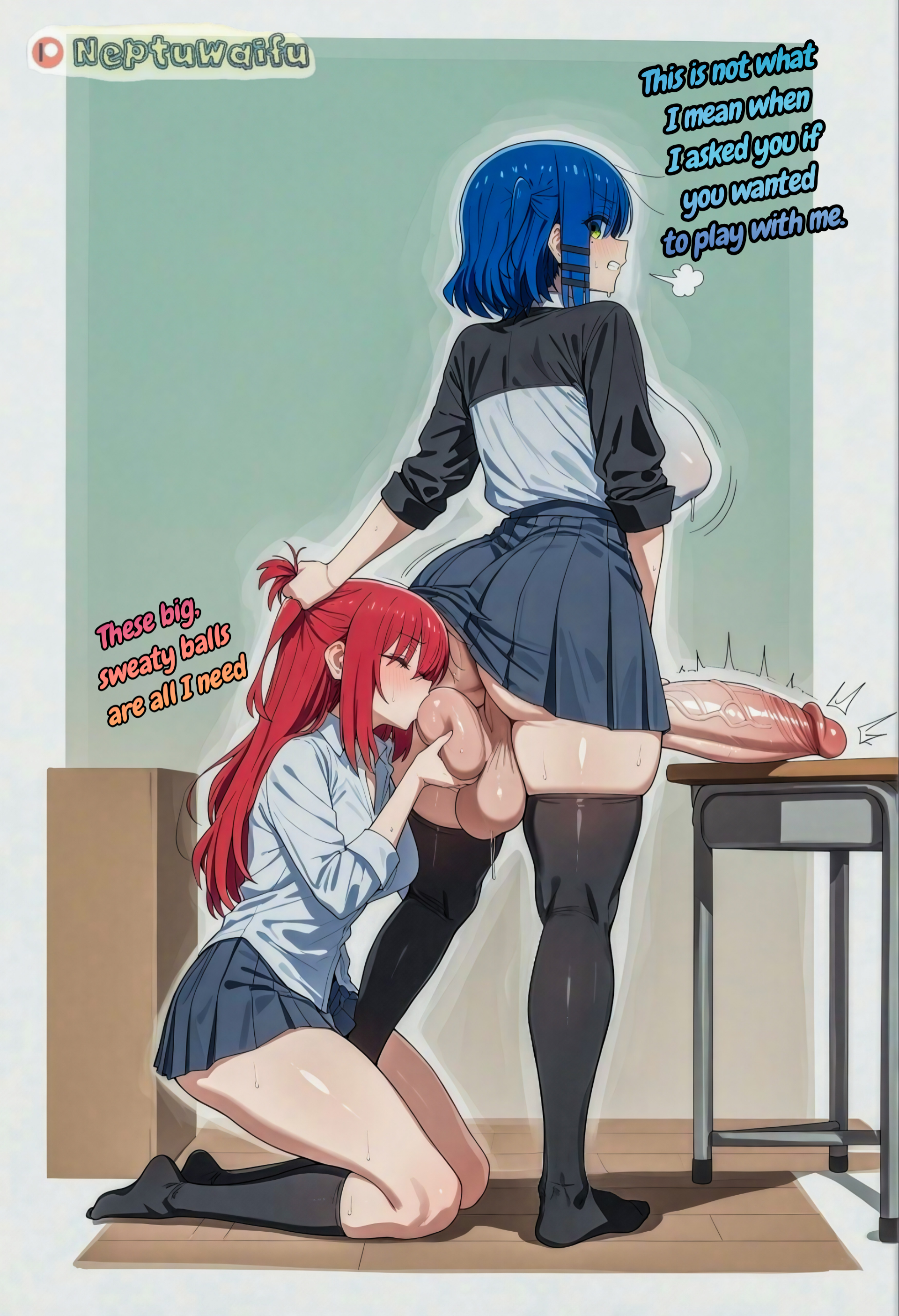 ai generated, angry, balls kissing, big balls, big testicles, blue hair, bocchi the rock!, clenched teeth, comic, cupping balls, english text, erection, futa only, futa with female, futanari, grabbing balls, huge balls, huge breasts, huge cock, kiss on balls, kissing balls, kita ikuyo, large balls, large testicles, low hanging balls, low hanging testicles, neptuwaifu, penis, red hair, saggy balls, school uniform, tagme, testicle sucking, testicles, text, uncensored, yamada ryou