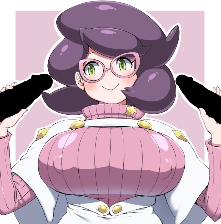 2016, alternate version available, blush, breasts, censored penis, clothed, clothed sex, double handjob, erect nipples, female, game freak, glasses, green eyes, handjob, large breasts, male, nintendo, nipple bulge, nipples, nipples bulge, penis, pokemon, pokemon sm, purple hair, smile, sweater, threesome, torathi, turtleneck, turtleneck sweater, wicke (pokemon)