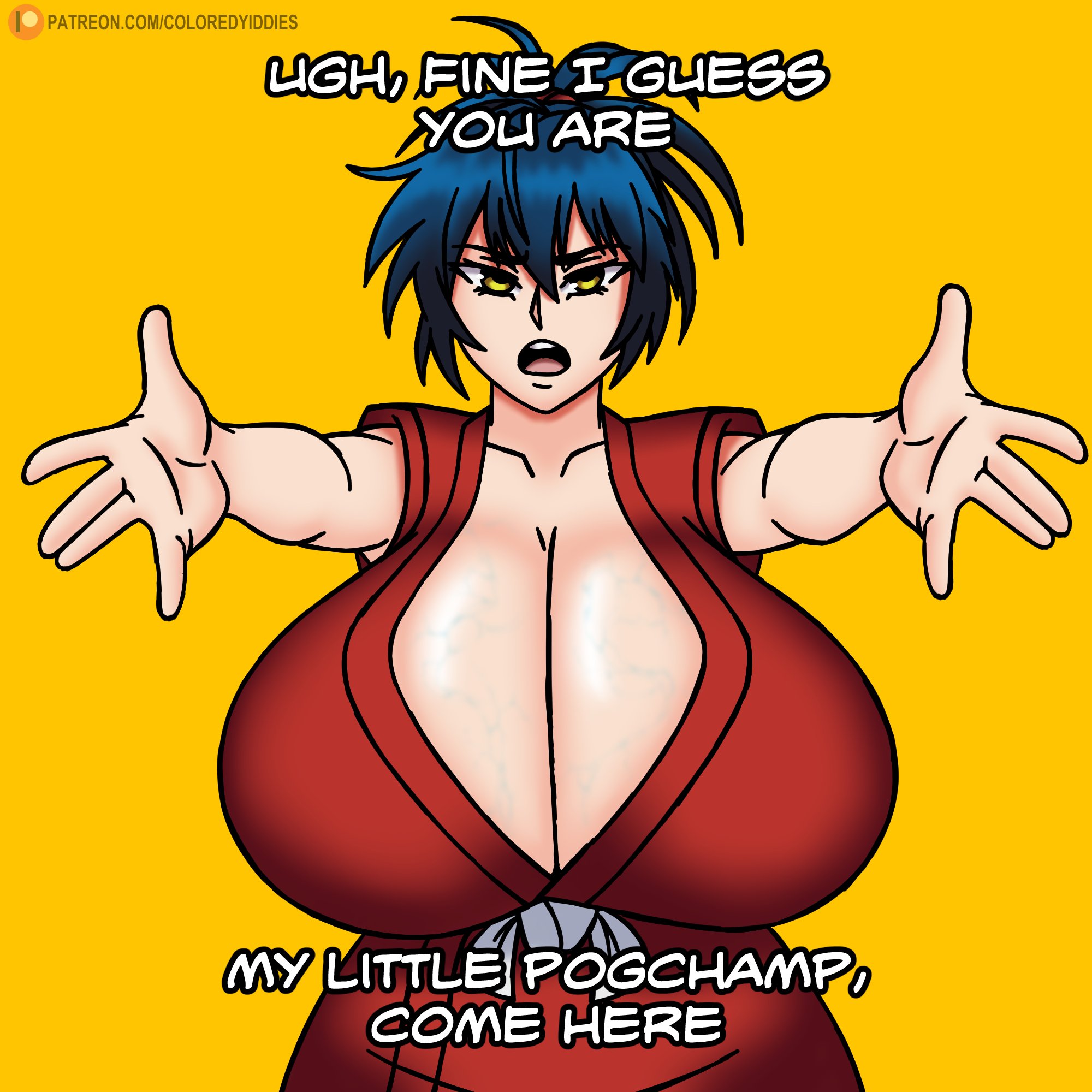 1girl, 1girls, absurdres, alternate breast size, blue hair, breast focus, breasts, breasts bigger than head, breasts bigger than torso, busty, busty female, cleavage, cleavage focus, clothing, coloredyiddies, english text, female, female focus, gigantic breasts, highres, huge breasts, light-skinned female, looking at viewer, manyuu chifusa, manyuu hikenchou, medium hair, meme, my little pogchamp (meme), ponytail, simple background, solo, solo female, solo focus, speaking to viewer, text, top heavy, upper body, veins, veiny breasts, yellow eyes