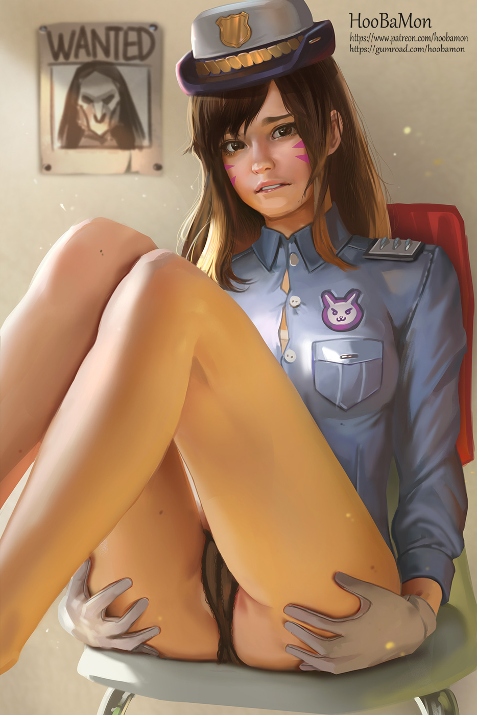 1girls, alternate costume, artist name, ass, ass grab, blizzard entertainment, breasts, brown eyes, brown hair, covered breasts, d.va, english, english text, facepaint, facial mark, female, female only, gloves, hat, high resolution, hips, hoobamon, human, legs, long hair, overwatch, panties, pantsu, police, police hat, police officer d.va, police uniform, policewoman, poster, poster (object), solo, tagme, text, thighs, underwear, video games, wanted, watermark, web address, whisker markings, white gloves