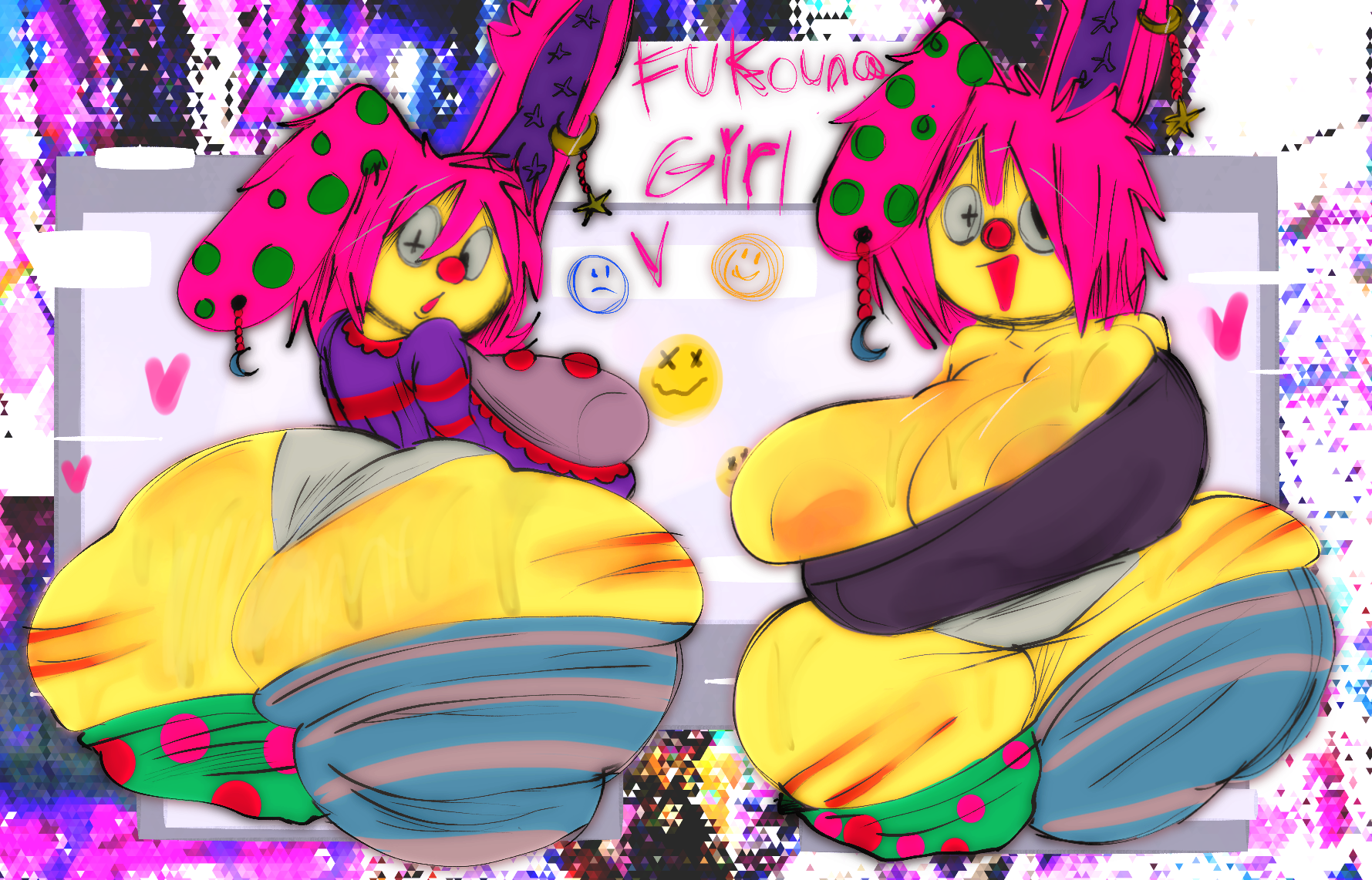 :(, :), :o, 1girls, abstract background, anthro, breasts, bunny, bunny girl, caroline (stomach book), child bearing hips, clothed, clown nose, dead link, earrings, emoji, female, furry, giant ass, giant breasts, huge ass, huge breasts, hyper, hyper ass, looking at viewer, music (culture), music mascot, overflowing breasts, pink hair, revealing clothes, scars, solo, stomach book, sweaty ass, sweaty body, sweaty breasts, thestarrijennis, thighhighs, yellow skin