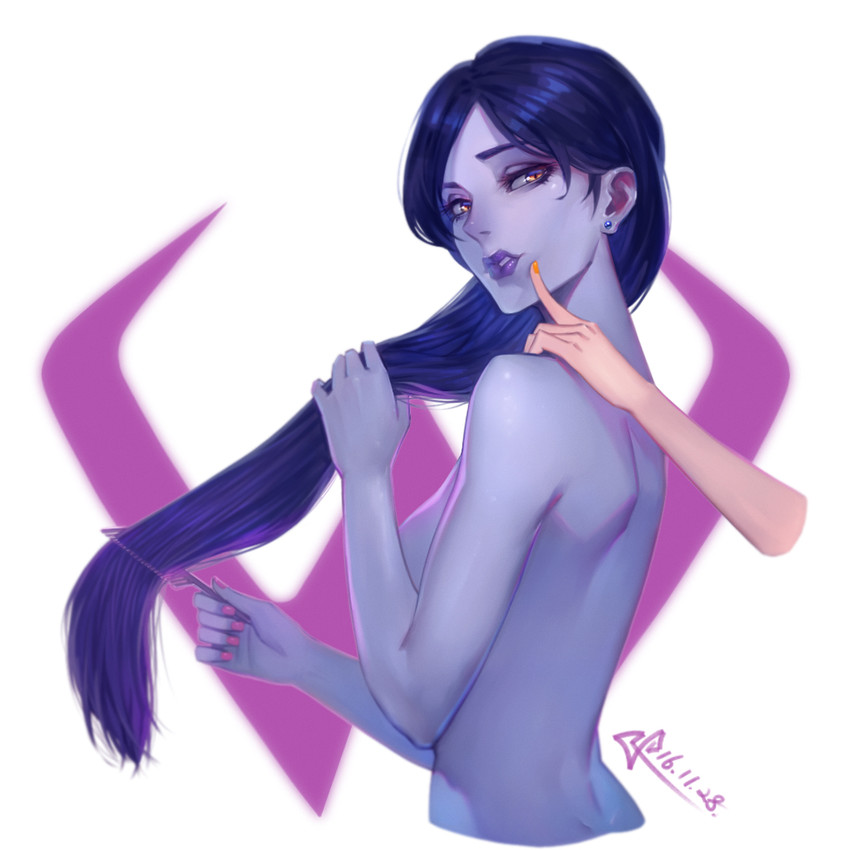 blizzard_entertainment blue_hair blue_skin comb ear_piercing earrings female long_hair overwatch painted_nails piercing pink_nails squidsmith_(artist) tagme tracer widowmaker yellow_eyes yuri