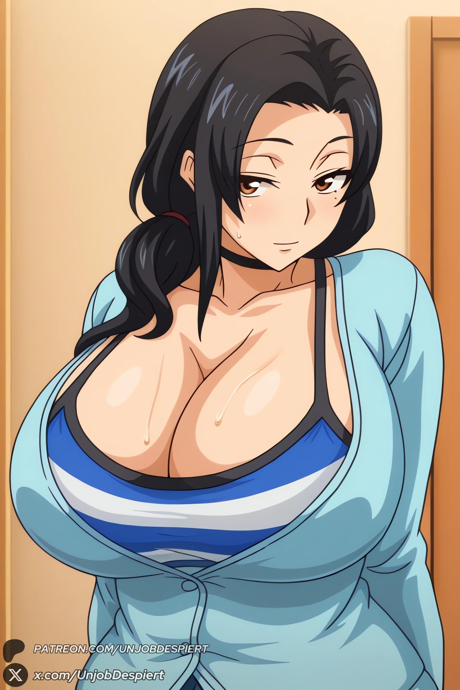 1female, 1girl, 1girls, 2026, ai generated, artist name, big ass, big breasts, black hair, blush, breasts, brown eyes, cardigan, choker, cleavage, curvy, female, female only, hajimete no hitozuma, hi res, high quality, high resolution, highres, huge ass, huge breasts, long hair, looking at viewer, mature female, mole, mole under eye, patreon, patreon username, shirt, solo, striped, sweat, tomoko (hajimete no hitozuma), unjobdespiert, upper body, watermark