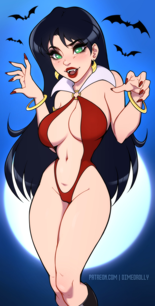 1girls, breasts, cleavage, dimedrolly, fair skin, fair-skinned female, female, female focus, female only, light skin, light-skinned female, looking at viewer, solo, solo female, solo focus, thick thighs, vampirella, vampirella (series), wide hips