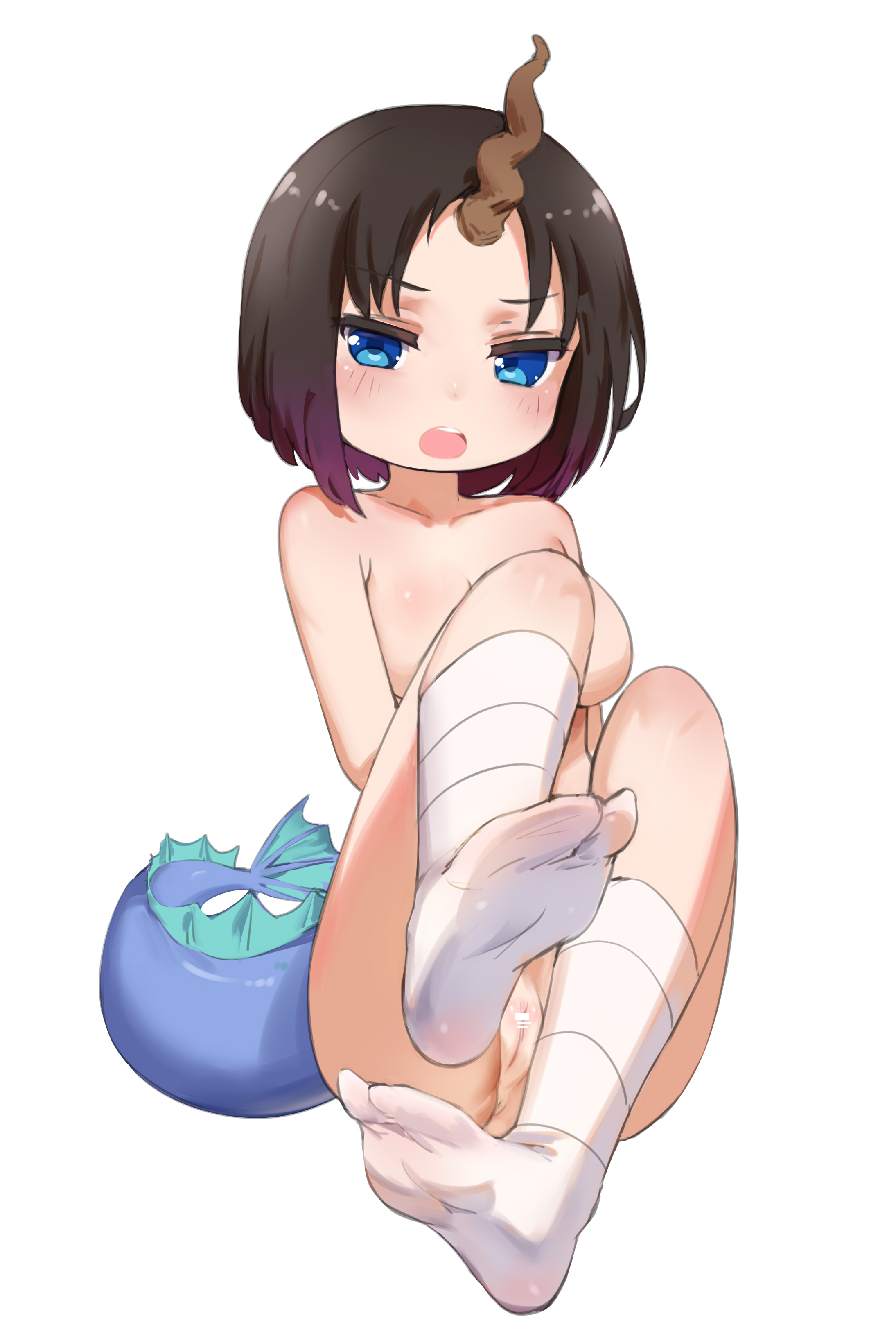 10s, bar censor, black hair, blue eyes, blush, breasts, censored, collarbone, cute, dragon girl, dragon horns, dragon tail, elma (dragon maid), elma (maidragon), feet, female, horn, kobayashi-san chi no maidragon, legwear, looking at viewer, miss kobayashi's dragon maid, nude, open mouth, pussy, shiny, shiny skin, simple background, sitting, solo, teeth, white background, white legwear, ze (wzfnn001)