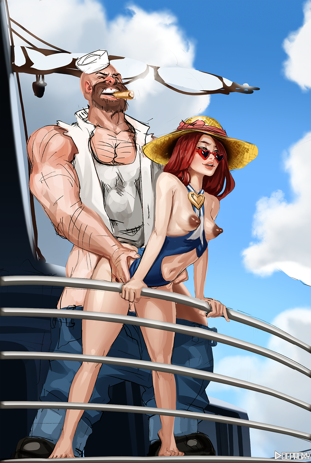 areolae breasts doctorproxy erect_nipples female from_behind gangplank league_of_legends male miss_fortune nipples pool_party_miss_fortune pool_party_series sex straight sunglasses tinted_eyewear