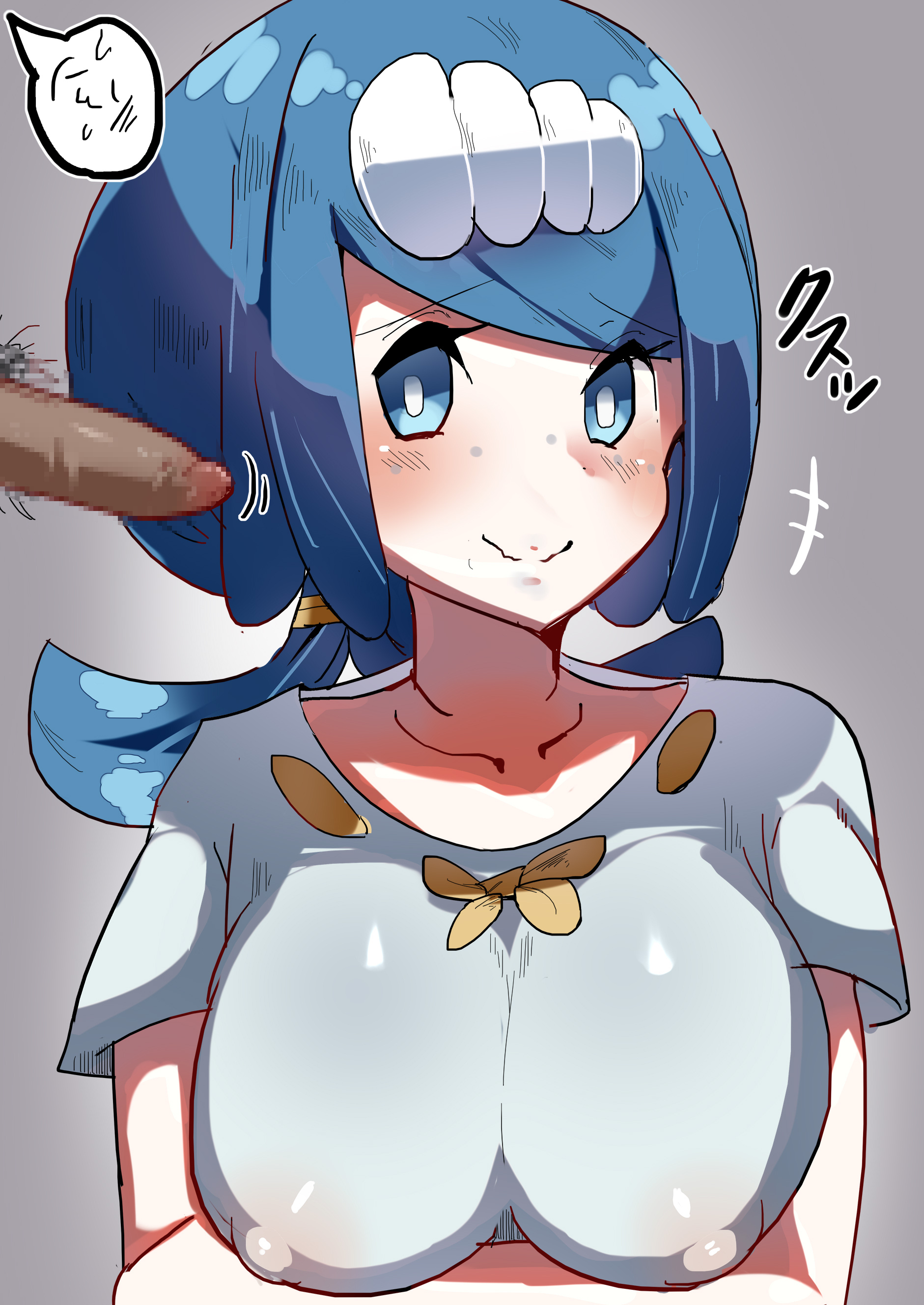 1boy, 1girls, absurdres, blue eyes, blue hair, breasts, censored, dark penis, disembodied penis, erect nipples, erection, faceless male, female, foreskin, geeru magajin, highres, human, human only, lana's mother (pokemon), large breasts, little penis, long hair, looking to the side, male, male pubic hair, milf, mob face, mosaic censoring, nintendo, nipples, penis, pokemon, pokemon sm, pubes, pubic hair, revision, small penis, smegma, smile, smooth penis, straight, text, uncircumcised, uncut, unretracted foreskin, wavy mouth