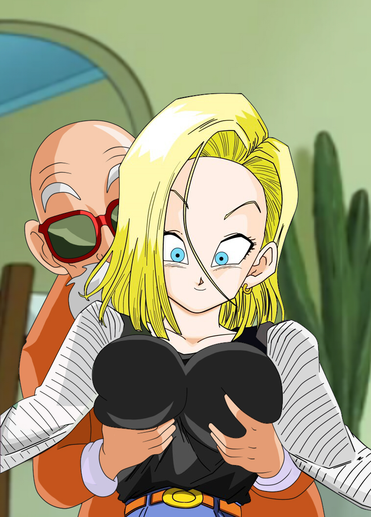 1boy, 1girls, android 18, blonde hair, blue eyes, dicasty, dragon ball, dragon ball z, female, glasses, male, master roshi, muten roushi, netorare, ntr, smile, tagme
