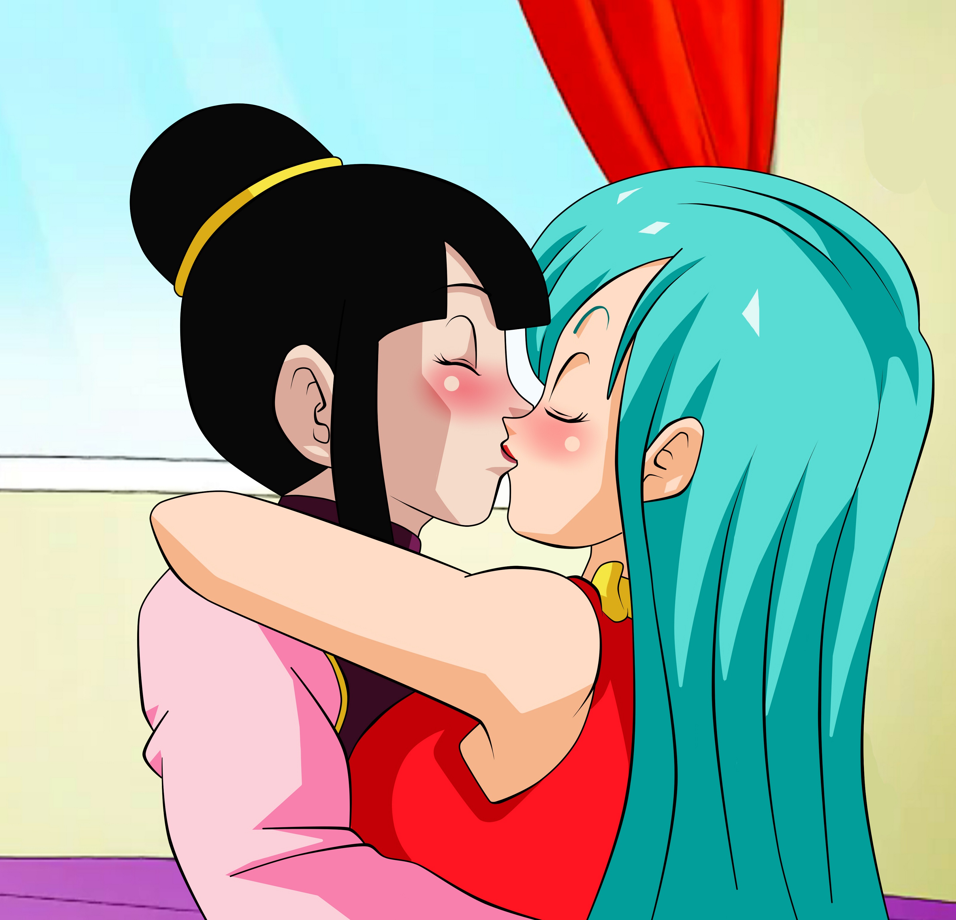 2girls, 2milfs, aqua hair, arm, art, bare shoulders, black hair, blush, bulma briefs, cheating, cheating female, cheating wife, chichi, chinese clothes, closed eyes, couple love, couples, dicasty, dragon ball, dragon ball z, dress, duo, female, female only, french kiss, hair bun, highres, hug, indoors, kissing, lesbian kiss, lipstick, long hair, long sleeves, milf, multiple females, multiple girls, mutual yuri, red dress, romantic, short hair, sleeveless, sleeveless dress, upper body, window, yuri
