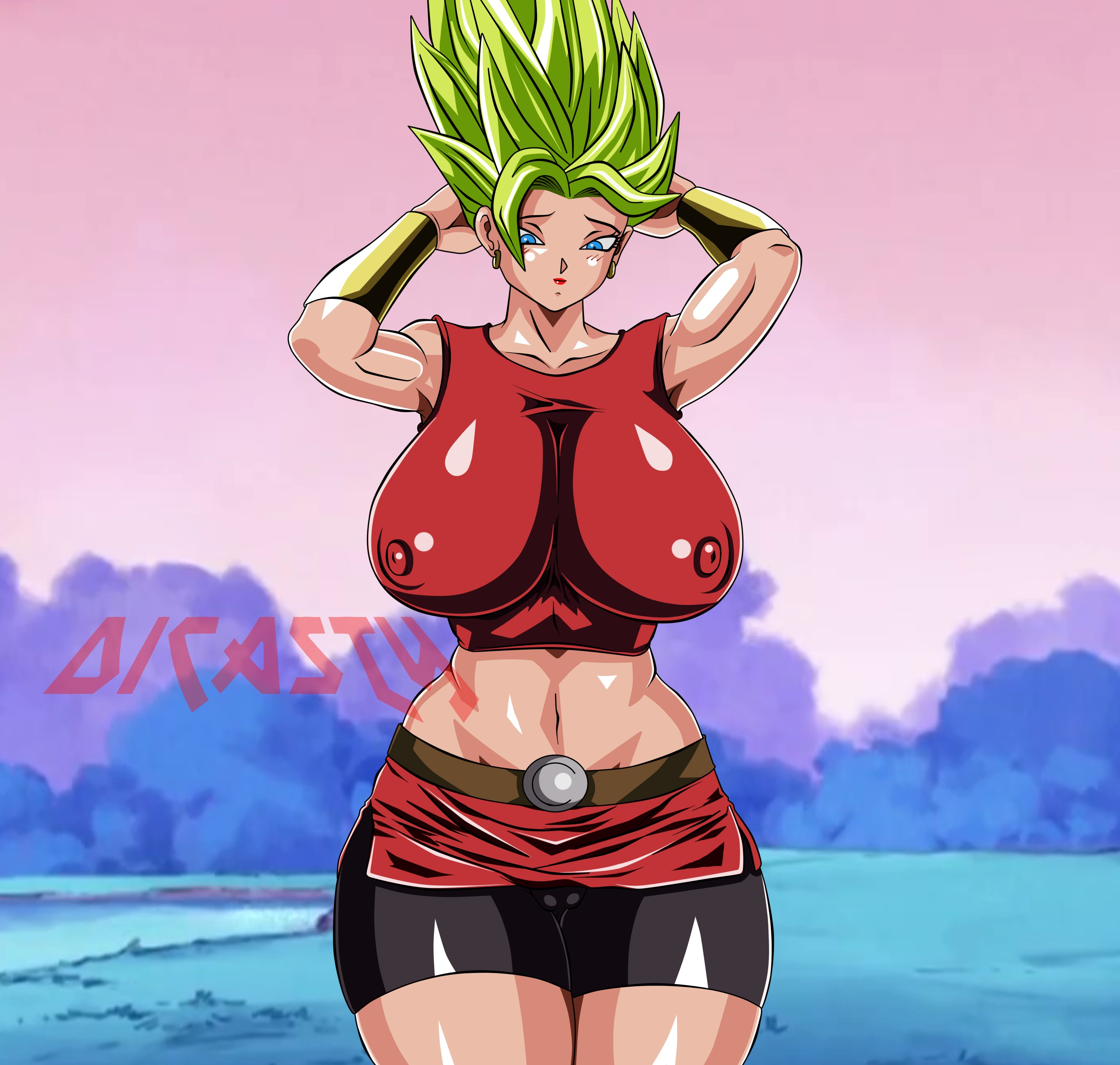 1girls, arms behind head, artist name, belt, biceps, bimbo, blue eyes, breasts, busty, cameltoe, cowboy shot, crop top, dicasty, dragon ball, dragon ball super, erect nipples, female, female only, hourglass figure, huge breasts, humanoid, impossible clothes, kale, kale (berserker), legendary super saiyan, lipstick, long hair, midriff, muscles, muscular, muscular female, navel, nipple bulge, nipples, outdoors, pussy, red lipstick, saiyan, shorts, solo, spiky hair, super saiyan, super saiyan 2, thick thighs, toned, voluptuous, wide hips