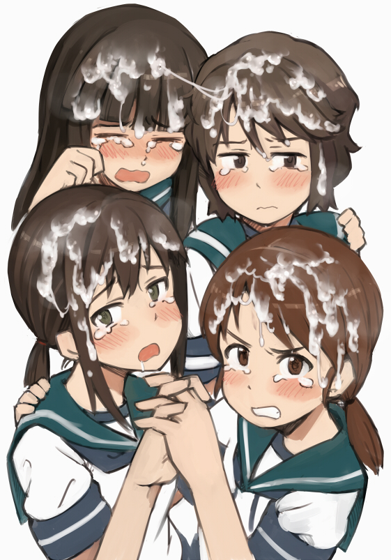 4girls bangs black_hair blunt_bangs brown_eyes brown_hair crying cum cum_on_hair embarrassed fubuki_(kantai_collection) hand_holding hatsuyuki_(kantai_collection) interlocked_fingers kantai_collection looking_at_viewer miyuki_(kantai_collection) multiple_girls open_mouth sakura_(medilore) school_uniform serafuku shirayuki_(kantai_collection) tears