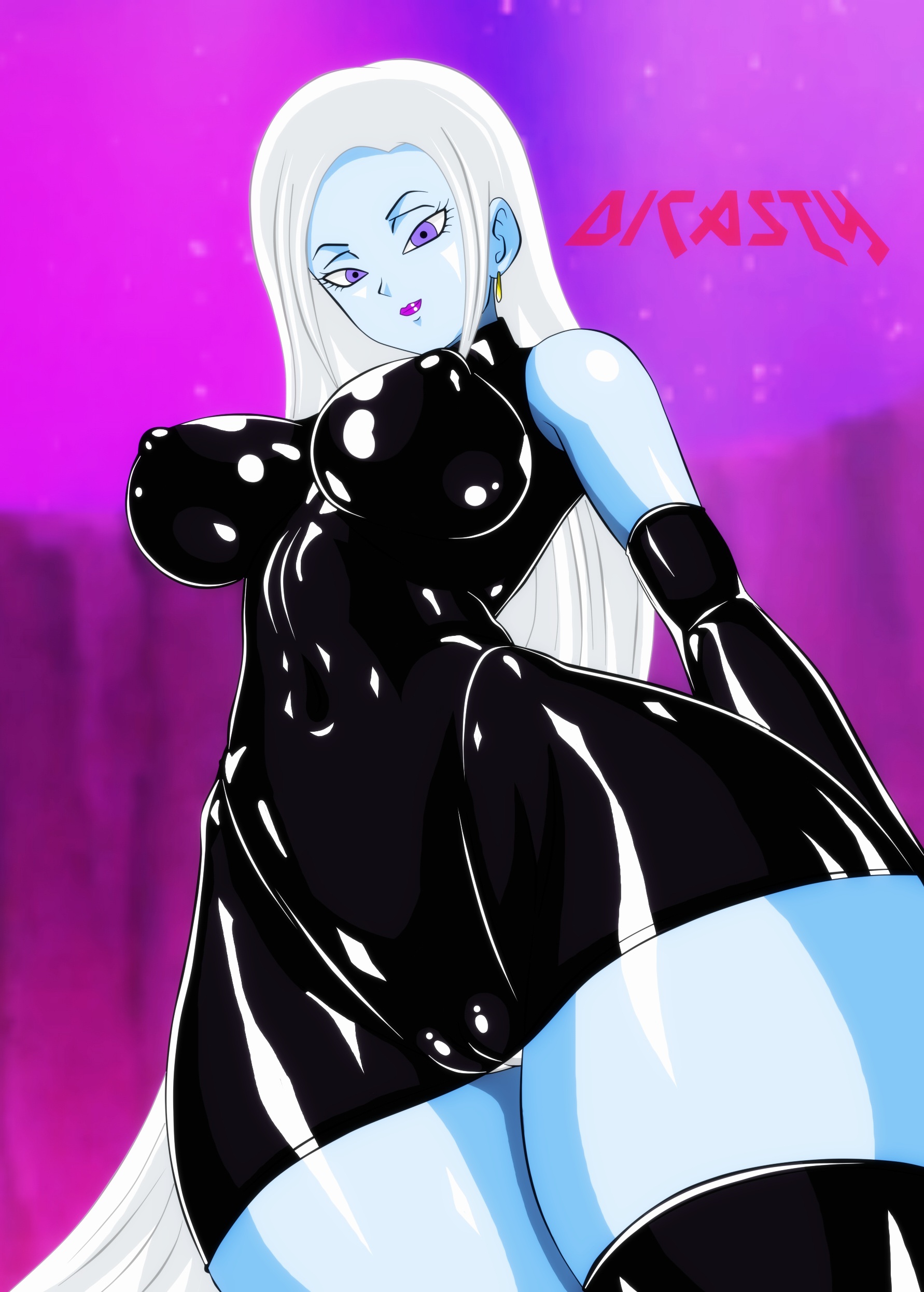1girls, angel, angel (dragon ball), artist name, blue skin, breasts, cameltoe, clothed, curvy, detached sleeves, dicasty, dragon ball, dragon ball super, dress, eyelashes, female, female only, fully clothed, humanoid, large breasts, latex, long hair, looking at viewer, looking down, perky breasts, purple eyes, purple lipstick, pussy, skin tight, solo, thighhighs, vados, very long hair, white hair