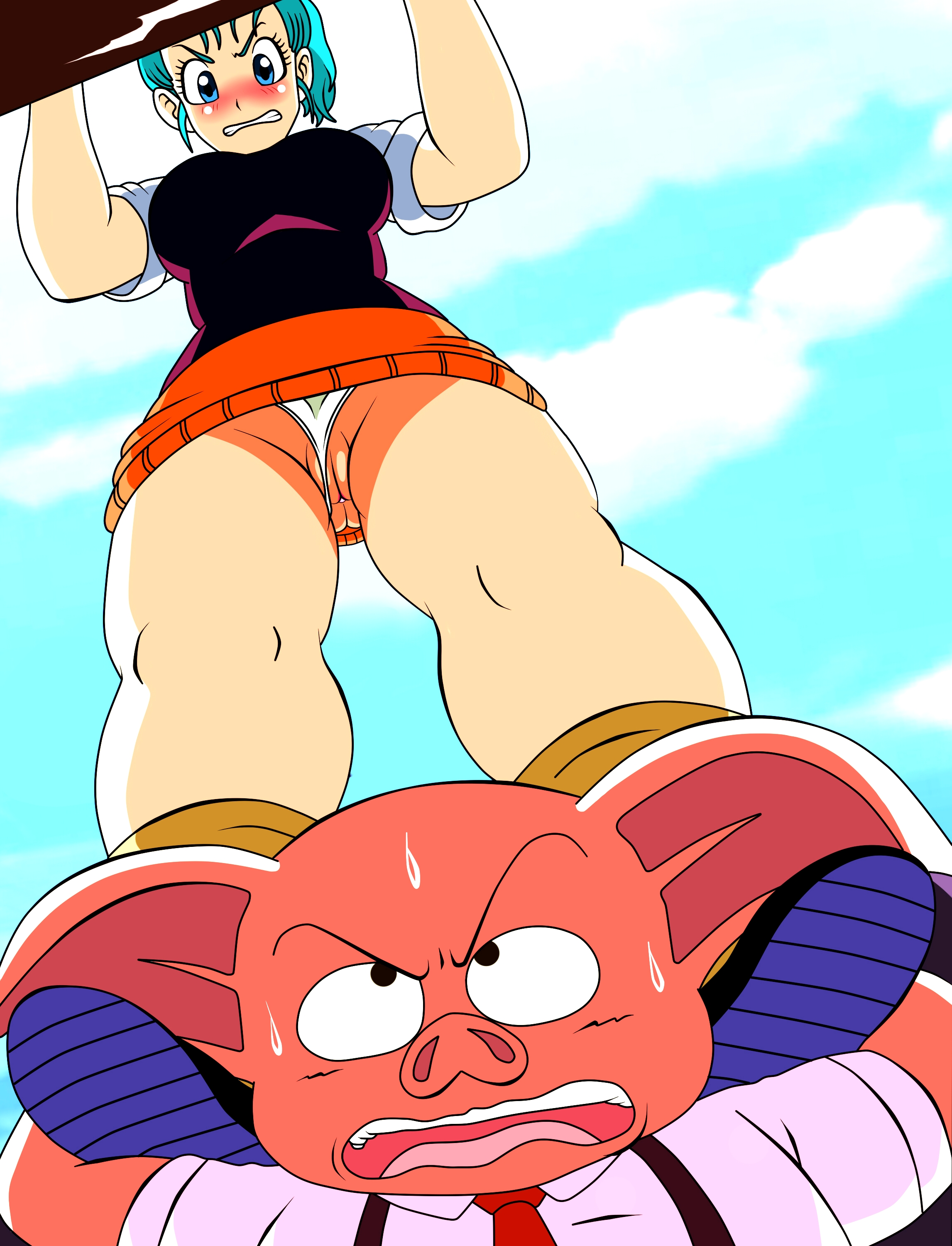 1boy, 1girls, absurdres, angry, blue eyes, blush, breasts, bulma, bulma (dragon ball), bulma briefs, canonical scene, carrying, clenched teeth, clothed, dicasty, dragon ball, dragon ball (classic), duo, exposed, female, female on top, hairless pussy, highres, holding, large breasts, lifted by another, lifting, looking down, looking up, male, oolong, panties, panties aside, perspective, pussy, skirt, standing, sweat, teal hair, teenage bulma, upskirt, wardrobe malfunction, white panties