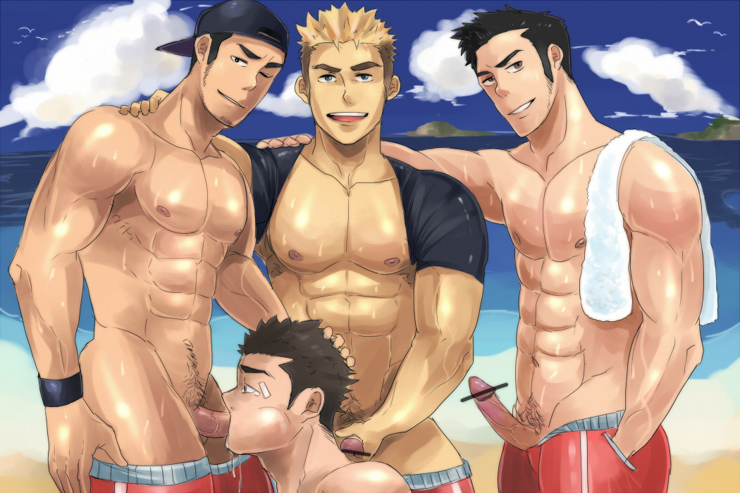 4boys abs arm_around_shoulders bar_censor bara baseball_cap beach bouzu erection fellatio hand_on_another's_head looking_at_viewer male_only multiple_boys muscle ocean oral outdoors penis public shirt_pulled_behind_neck sky smile summer swimsuit_down towel_on_shoulder undressing yaoi