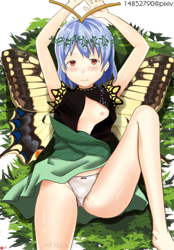 blue_hair blush breasts butterfly_wings eternity_larva female nipples no_bra panties pussy_juice red_eyes small_breasts solo sora_hasama spread_legs touhou underwear white_panties wings