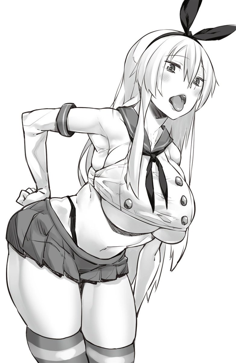 artist request, black bow, blush, bow, breasts, curvy, elbow gloves, female, hand on hip, hips, huge breasts, kantai collection, long hair, monochrome, navel, open mouth, sailor collar, shimakaze (kantai collection), simple background, skindentation, skirt, solo, source request, suggestive, thick thighs, thighhighs, thighs, thin arms, thong, tongue, tongue out, underboob, white background