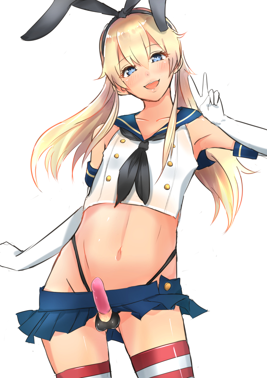 :d, 14sai bishoujo (shoutarou), 1boy, balls, balls in panties, blonde hair, blue eyes, bulge, collarbone, condom, condom on penis, cowboy shot, crossdressing, elbow gloves, erection, erection under clothes, erection under skirt, g-string, gloves, highres, kantai collection, little penis, long hair, looking at viewer, male, male only, miniskirt, navel, open mouth, panties, panty bulge, penis, penis out, penis under clothes, penis under skirt, pleated skirt, sailor collar, shimakaze (kantai collection), skirt, skirt lift, small balls, small penis, smile, solo, thighhighs, thong, tied hair, trap, twintails, underwear, v