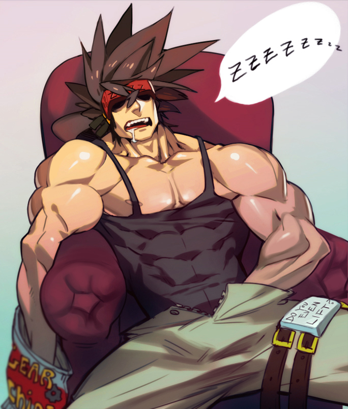 1boy abs bara brown_hair drooling food gairen guilty_gear headband male male_only muscle na_insoo open_mouth pecs rennik saliva sitting sleeping sol_badguy tagme undressing