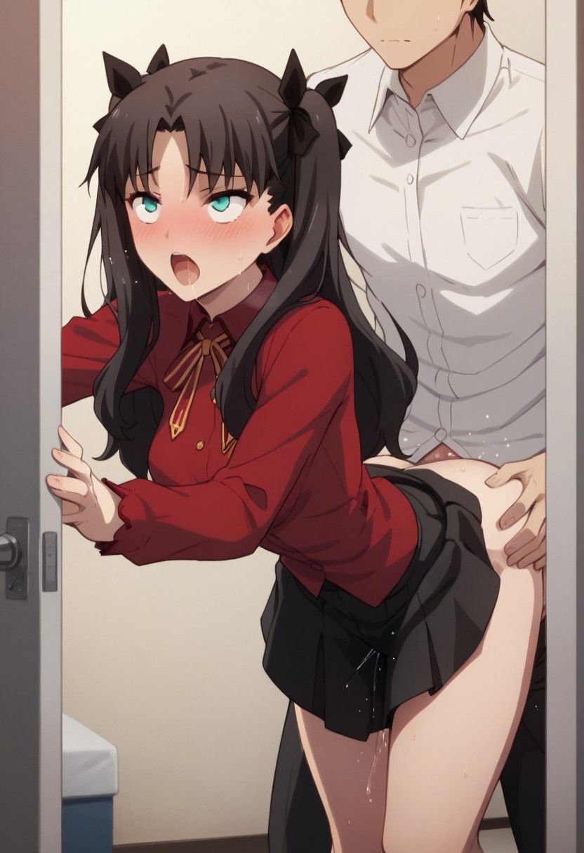 ai generated, blush, clothed, clothed sex, doggy style, fate (series), fate/stay night, female, open mouth, pussy, pussy juice, sex, straight, tohsaka rin